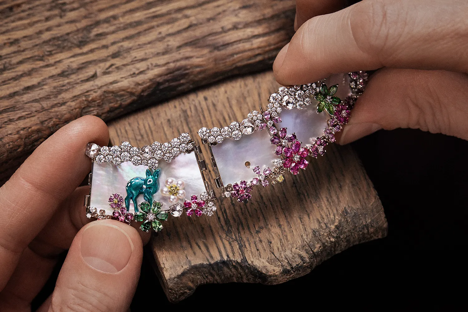 <p>Mother of pearl elements combine to create a fairytale-inspired scene in the Diorexquis Foret Nacrée High Jewellery necklace. Photo credit Piotr Stoklosa</p>