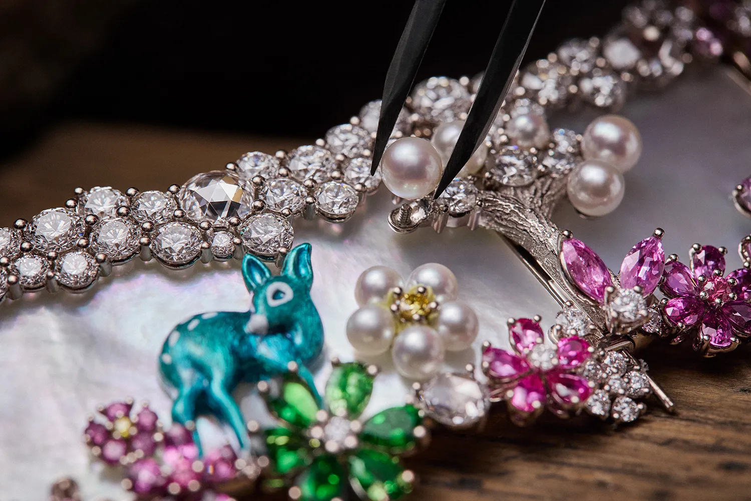 <p>Three-dimensional varnish-painted animals and micro pearls add depth and dimension to the Diorexquis Foret Nacrée High Jewellery necklace. Photo credit Piotr Stoklosa</p>