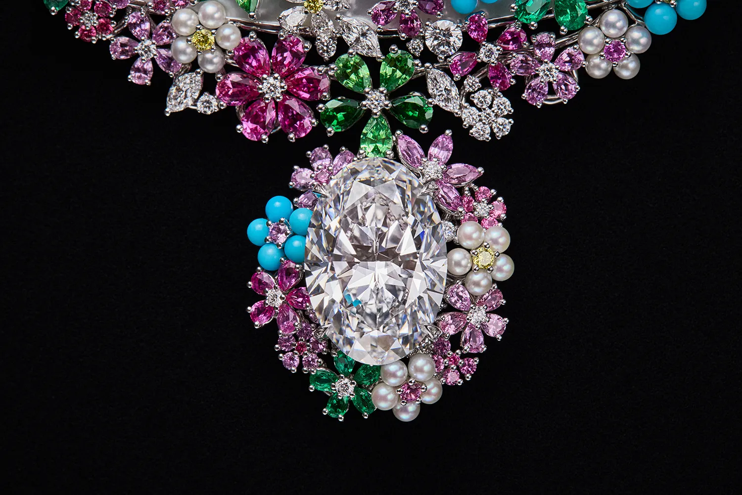 <p>The large oval-shaped diamond at the heart of the Diorexquis Foret Nacrée High Jewellery necklace. Photo credit Piotr Stoklosa</p>