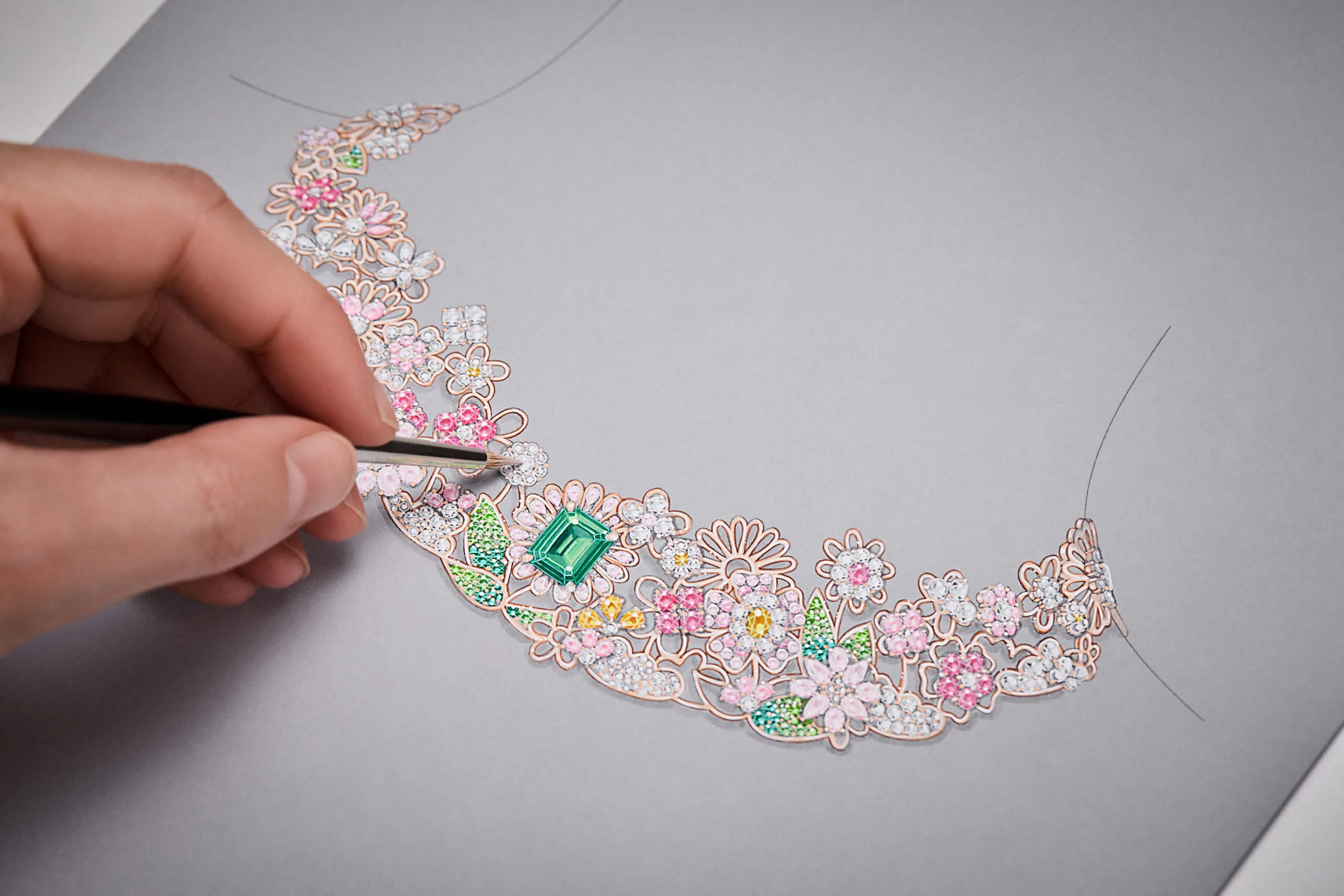 <p>An original sketch of the Manege Fleuri necklace from the Dior Milly Dentelle High Jewellery collection, which features doodle-like flowers on a fine 18k rose gold openwork frame. Photo credit Piotr Stoklosa</p>