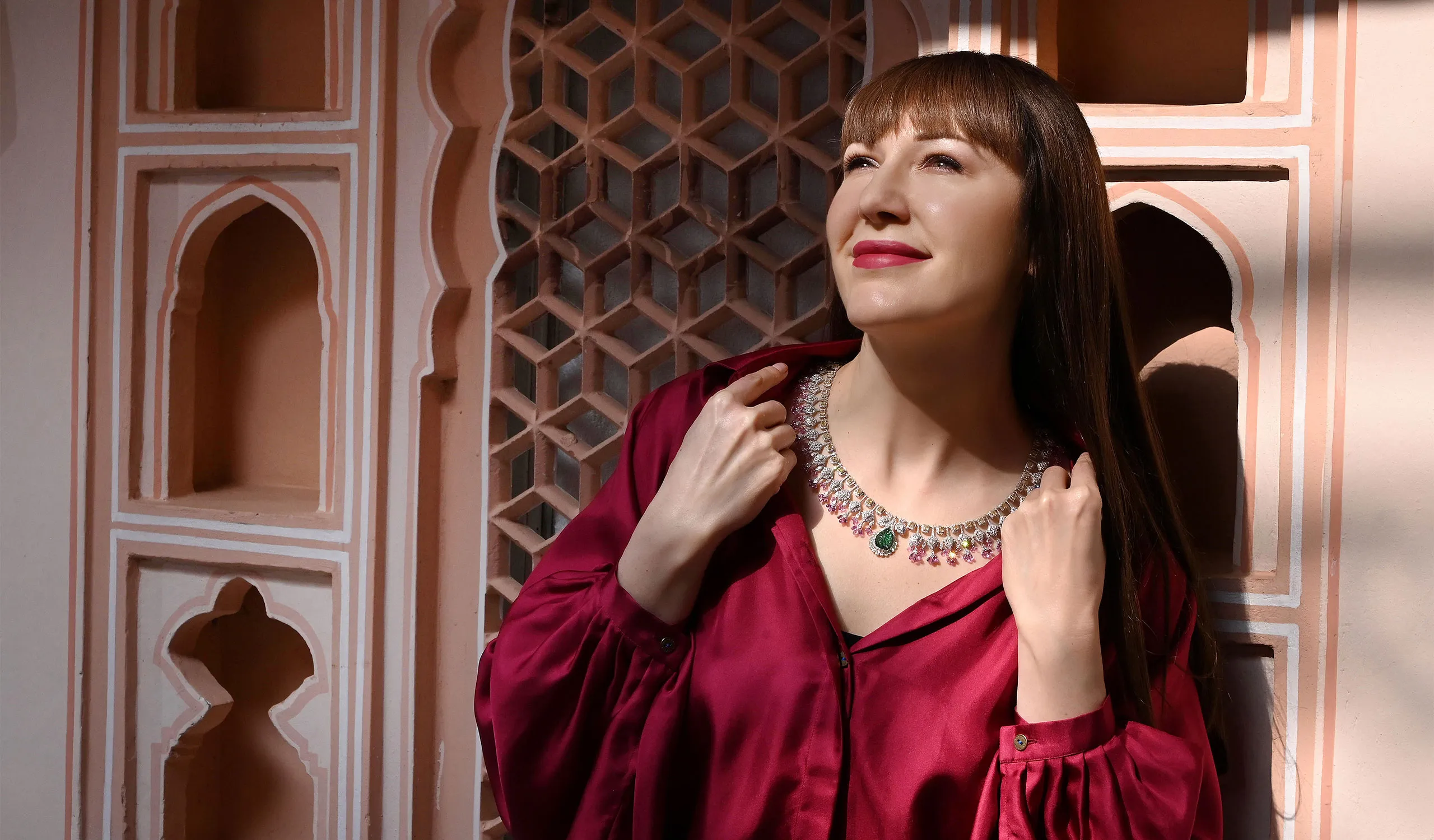 <p>Katerina Perez wears a High Jewellery necklace by Daviano on a recent visit to India </p>