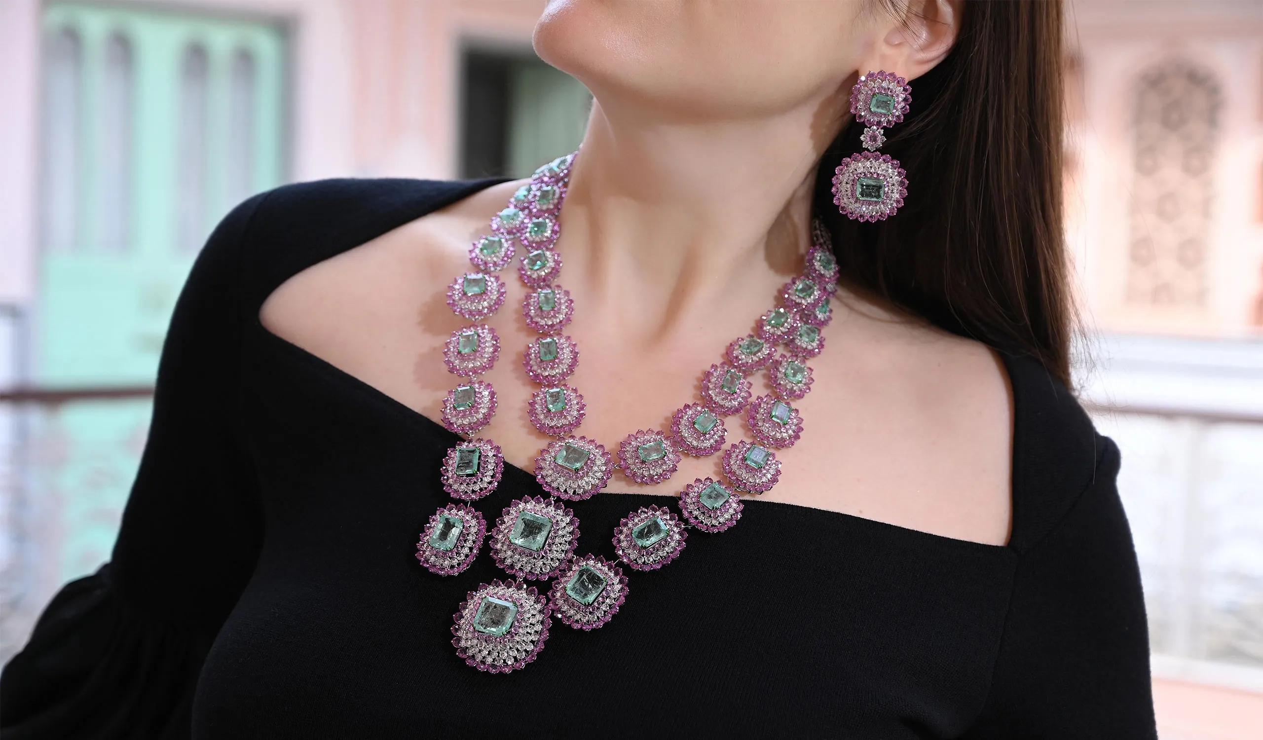 <p>Unique masterpieces like this emerald, pink sapphire and diamond necklace and matching earrings feature in the Diviano One Collection </p>