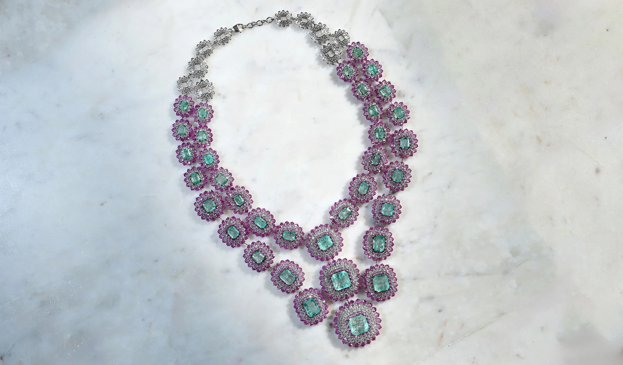 <p>Diviano necklace from the Diviano One Collection, featuring 36 carats of EF-VVS/VS clarity diamonds, 139 carats of old Russian emeralds, and 175 carats of pink sapphires, set in 18k white gold </p>