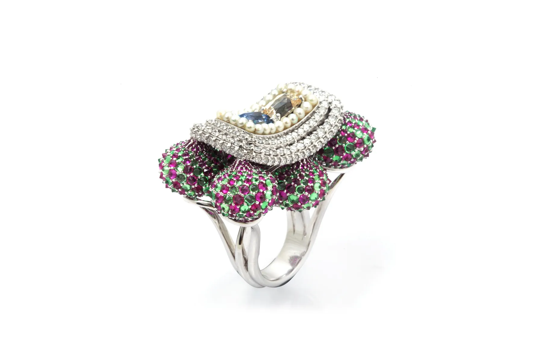<p>D’joya ‘Red Square’ ring with rubies, tsavorites, natural saltwater pearls, sapphires and diamonds</p>