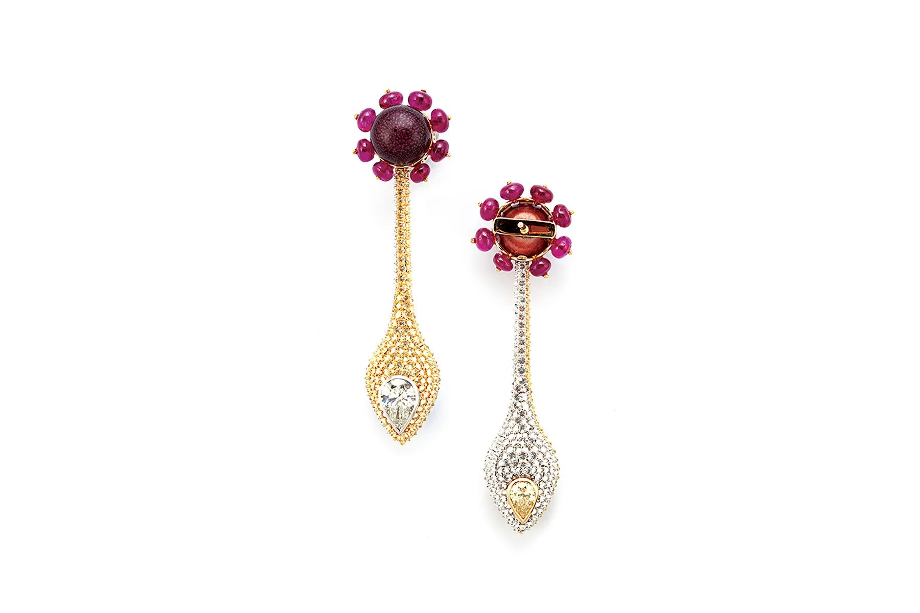 <p>D’joya ‘Weaver’s Nest’ earrings with ruby beads, colourless and yellow diamonds and enamel</p>