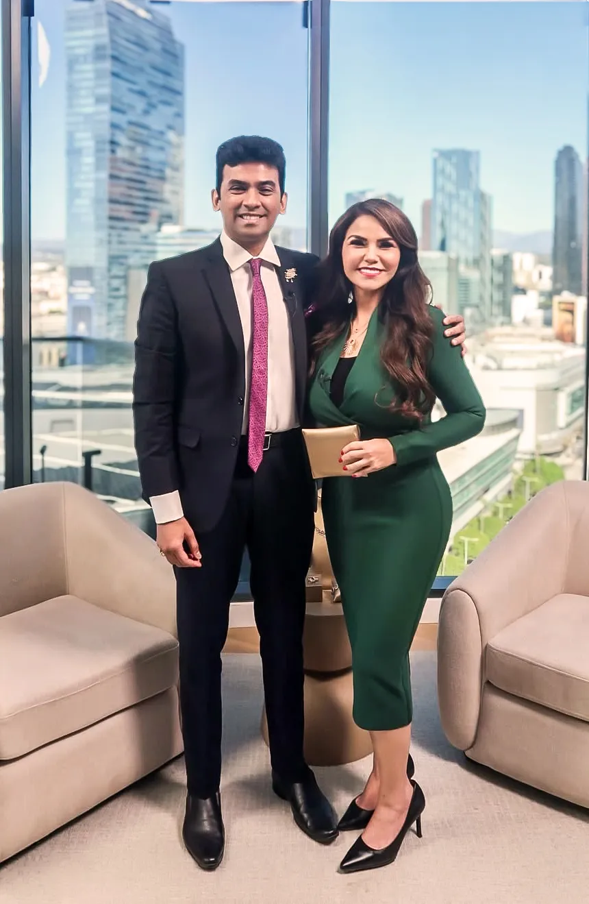 Harakh Mehta, fourth generation diamantaire and founder of HARAKH with Dr. Yasmin Davidds, CEO and organisational psychologist, who appeared on the debut episode of the Gems with Harakh podcast