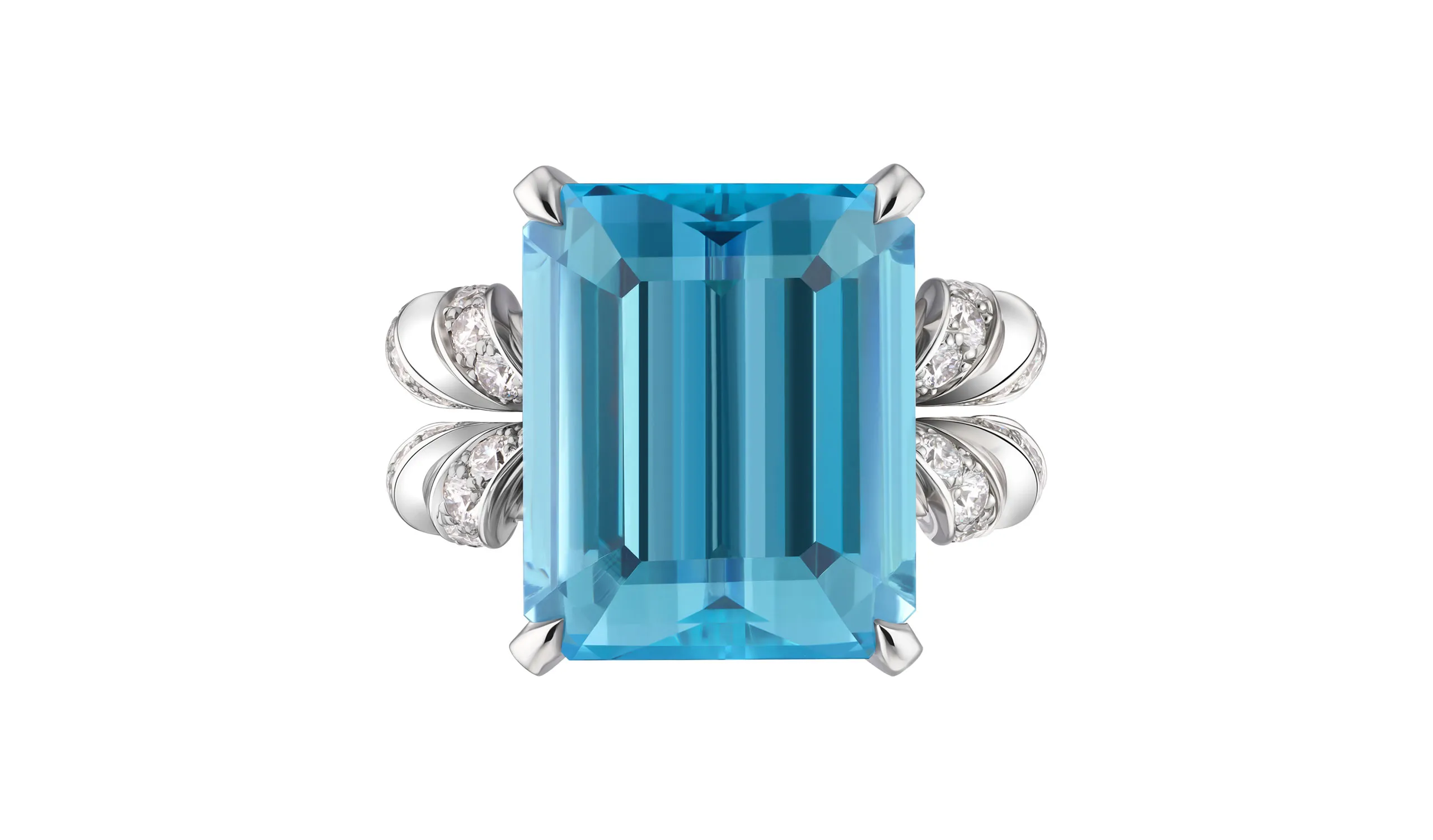 <p>A second Enigma high jewellery ring showcasing an emerald-cut Santa Maria aquamarine</p>
