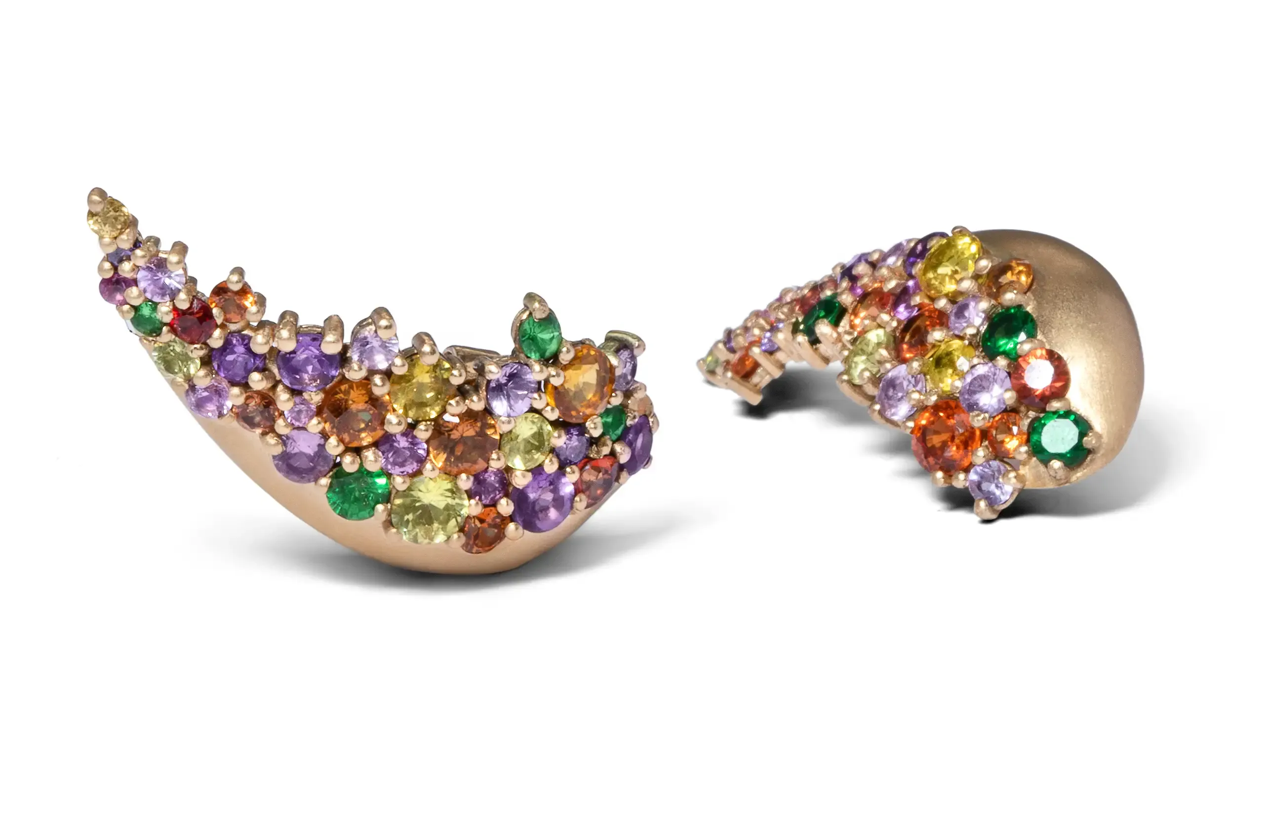 Nada Ghazal Echo of Light Earrings, presented by Second Petale Gallery. 18K gold set with approximately 15 carats of multicoloured sapphires.