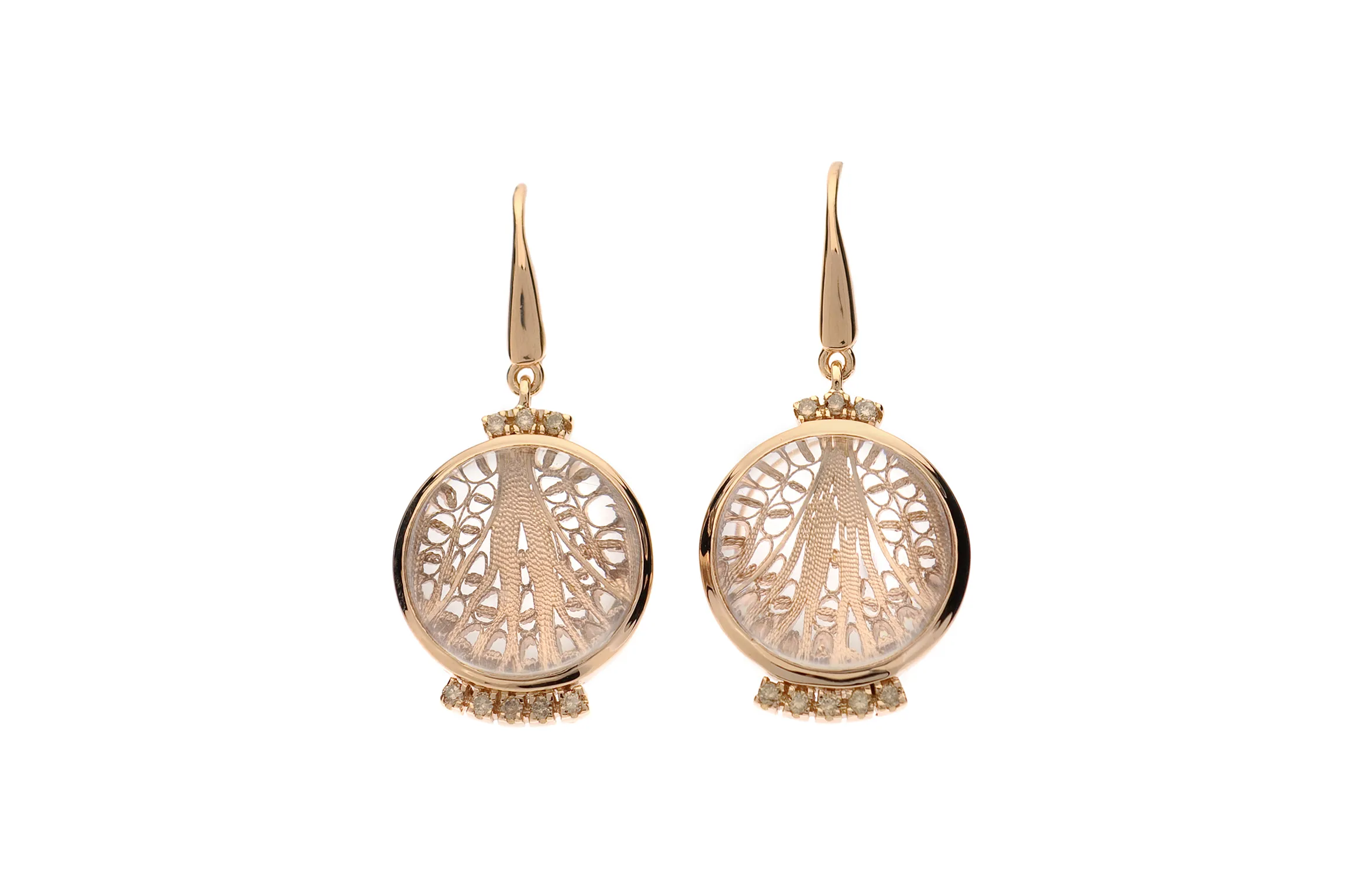 <p>Eleuterio ‘Deco Filigree’ drop earrings in crystal, openwork rose gold and brown diamonds</p>