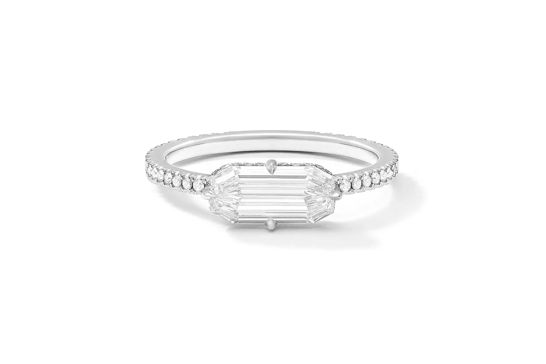 <p>Eva Fehren East West Compass ring in platinum, with a 1.10 carat octagonal diamond.</p>