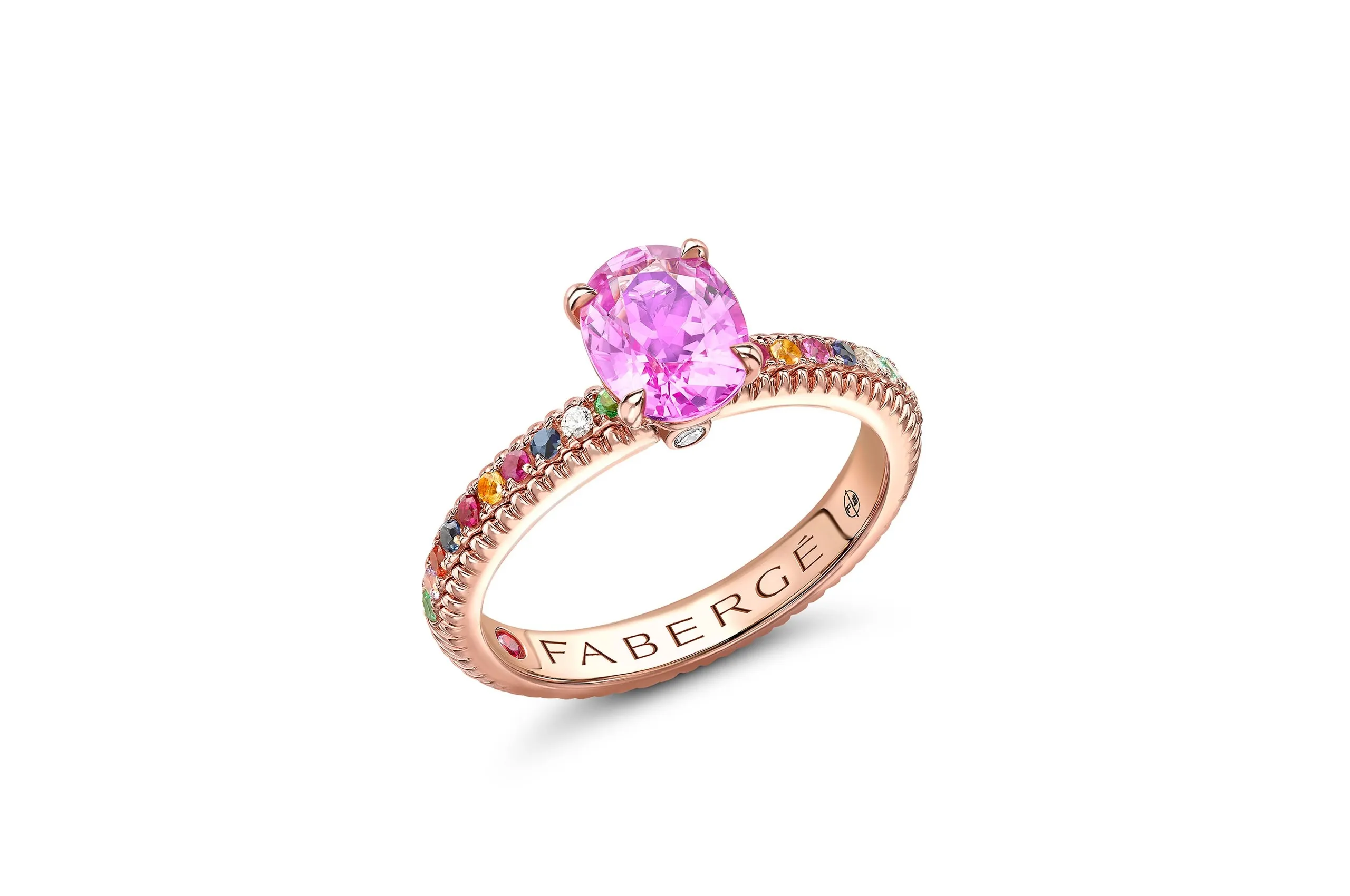 <p>Fabergé Colours of Love pink sapphire engagement ring with multicoloured gemstone shoulders, in 18K rose gold</p>
