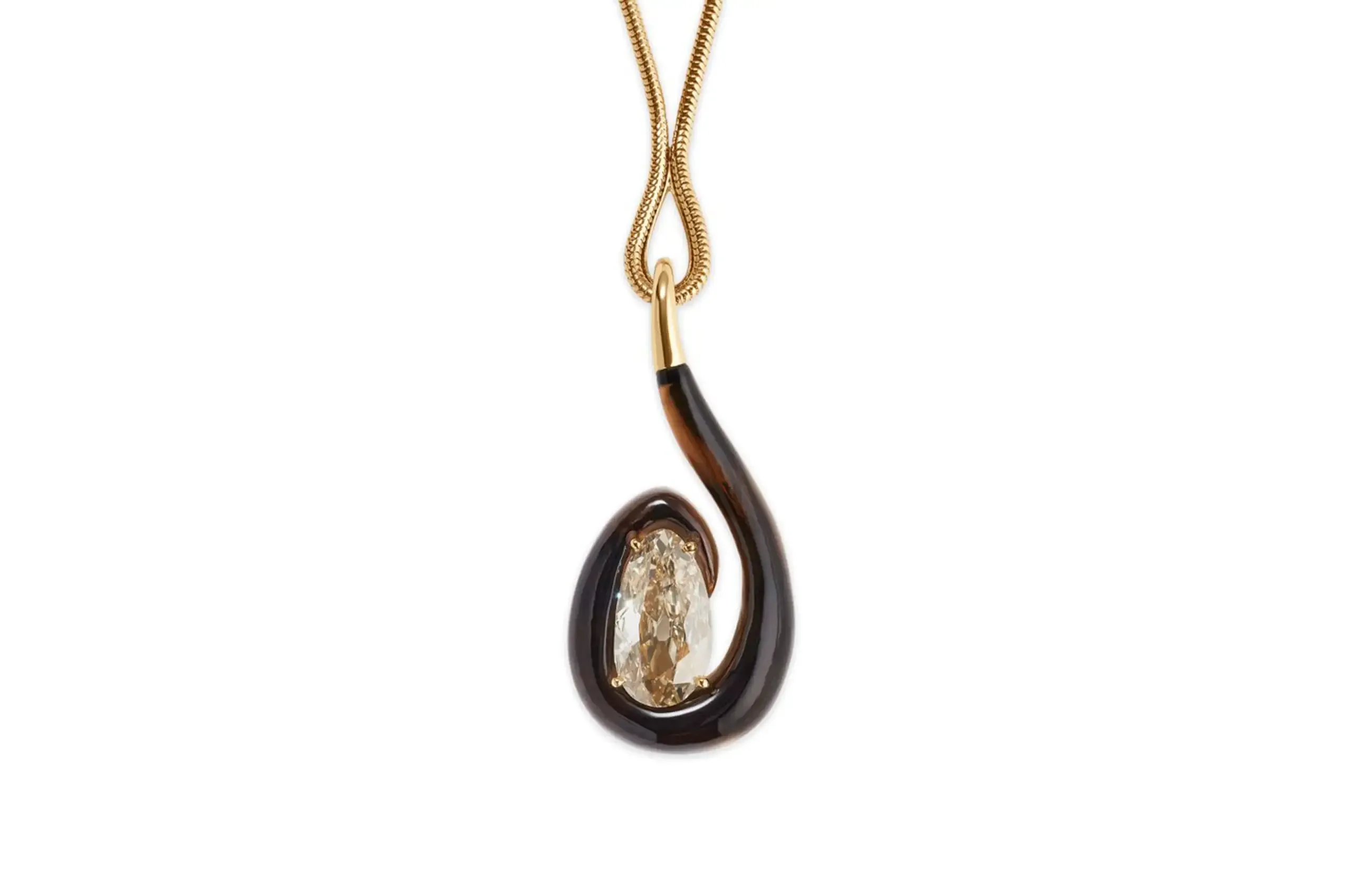 A creation by Fernando Jorge. High Swirl Diamond Pendant featuring a 7.08 carat Fancy Yellow Brown Type IIA Old Mine cut diamond, framed in hand carved smoky quartz and backed in 18K yellow gold, suspended from an 18K yellow gold snake chain.