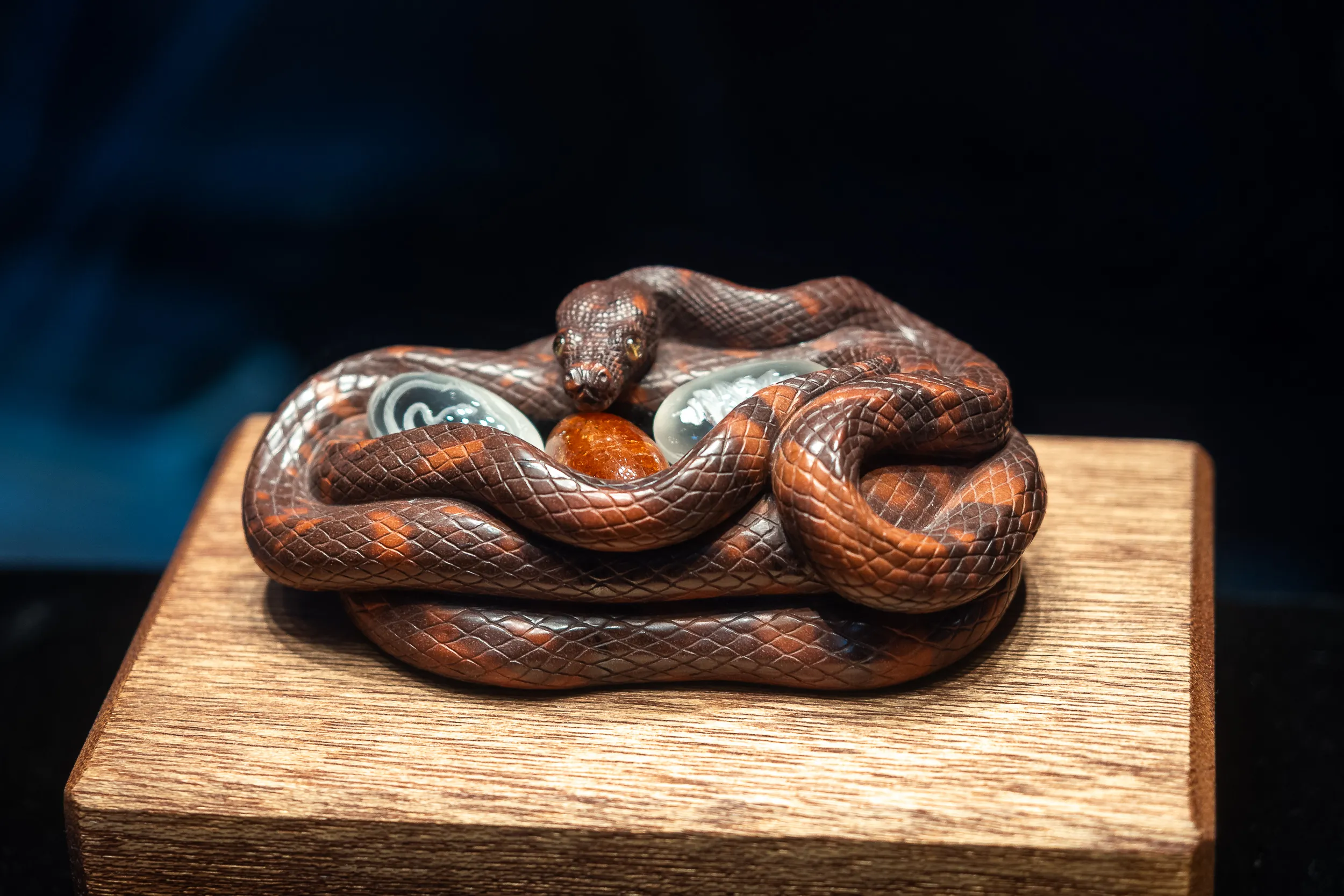 <p>A carved snake by gemstone carver Elsa Marceau</p>
