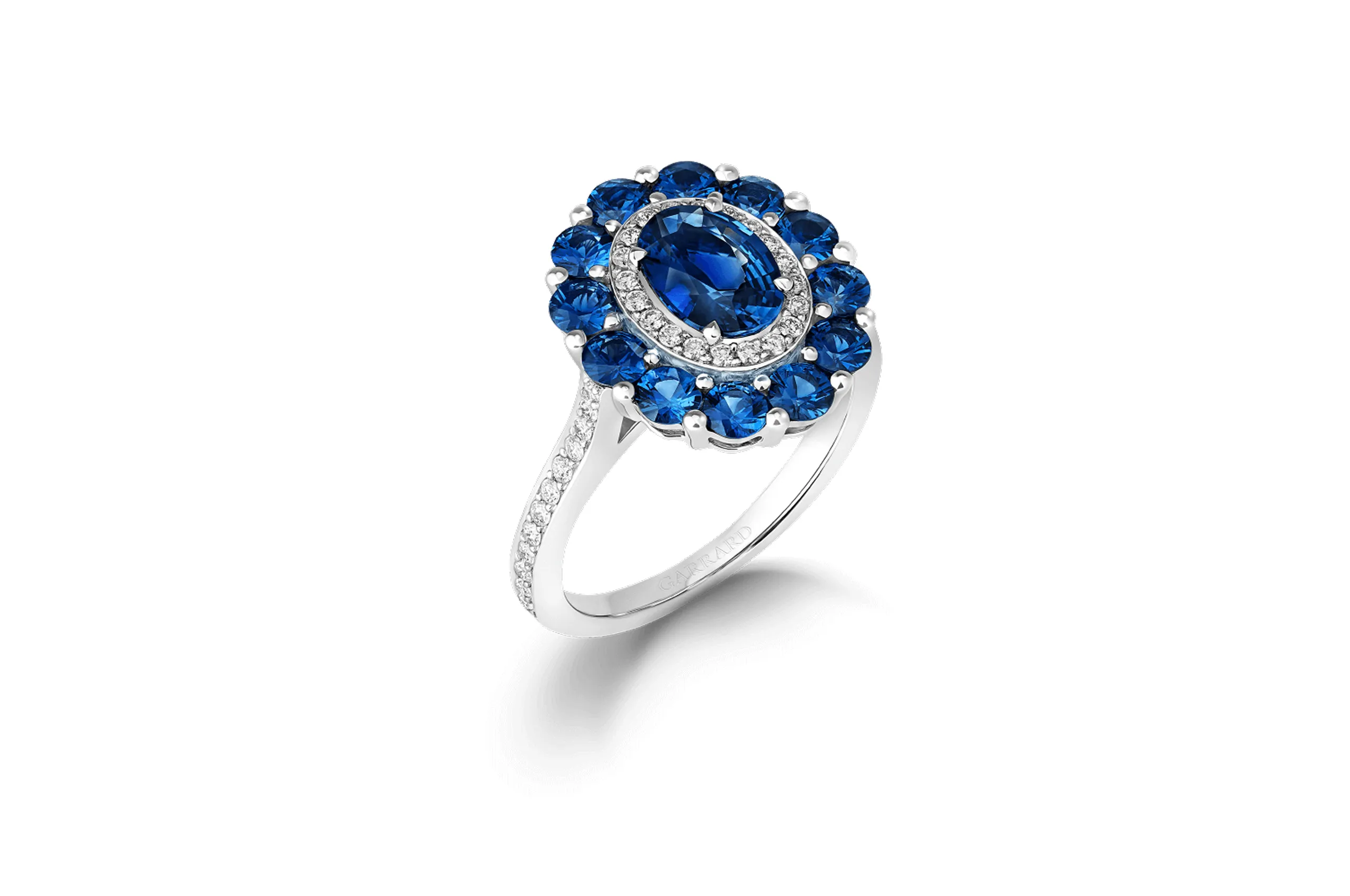 <p>Garrard 1735 Double Colour Cluster sapphire and diamond engagement ring in platinum</p>
