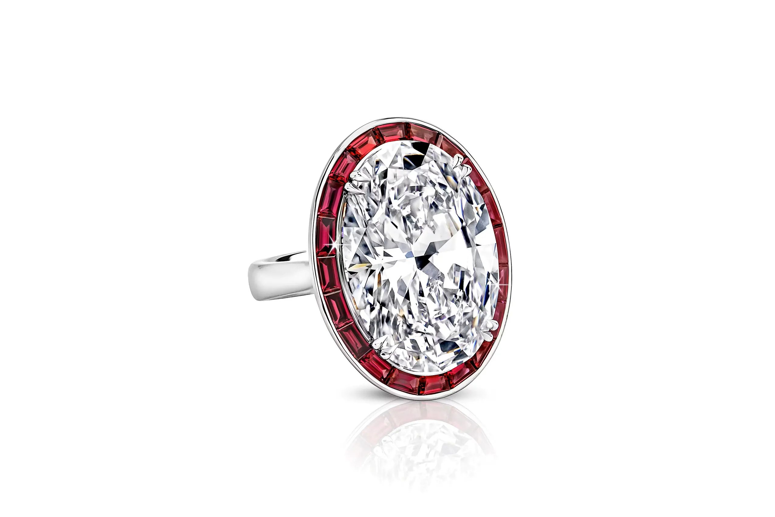<p>Jacob & Co. Crimson Ice ring, set with a 20.08 carat oval diamond in platinum, with a baguette cut ruby surround.</p>