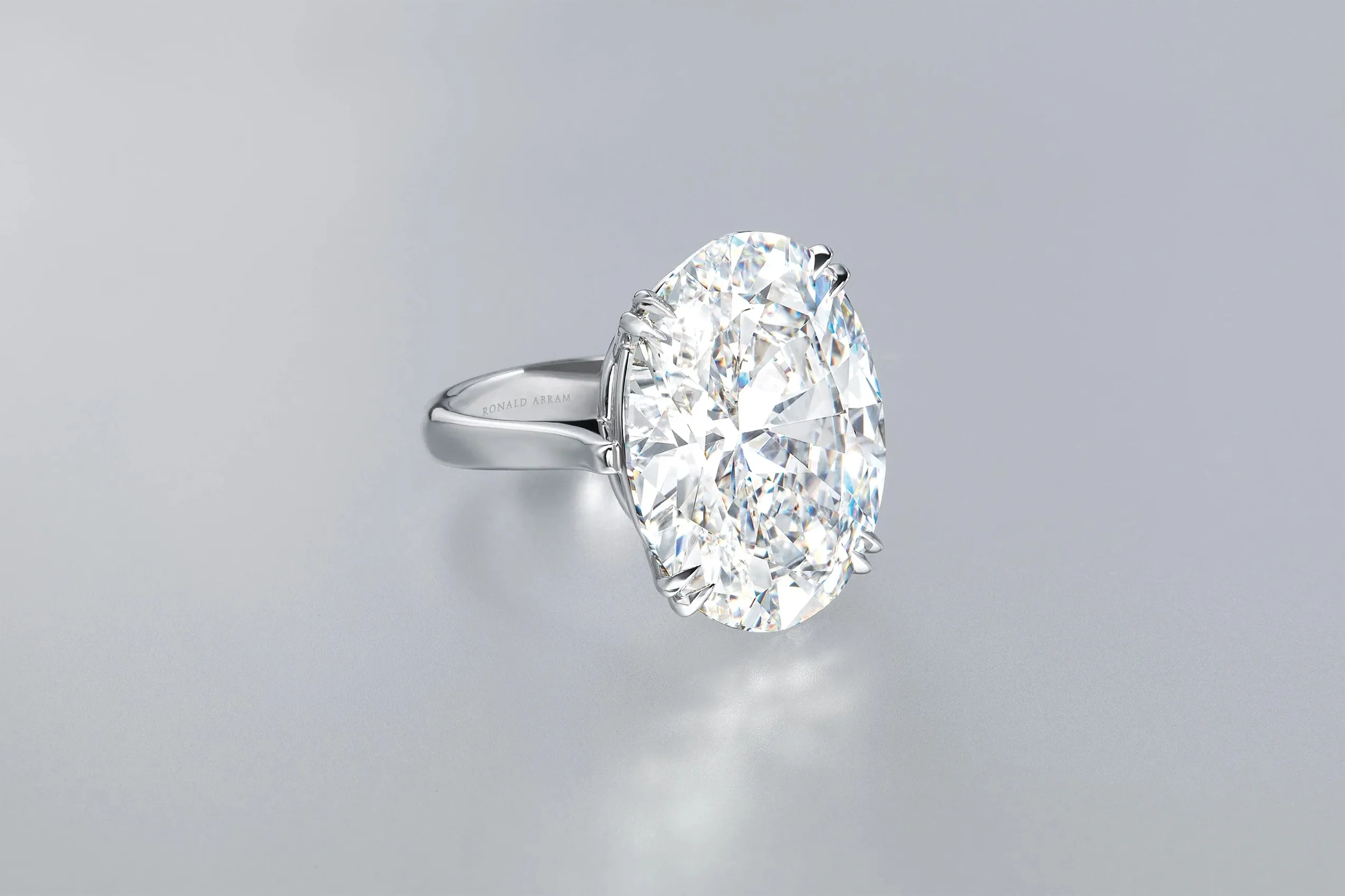 <p>Ronald Abram 21.66 carat G colour oval diamond ring in platinum.</p>