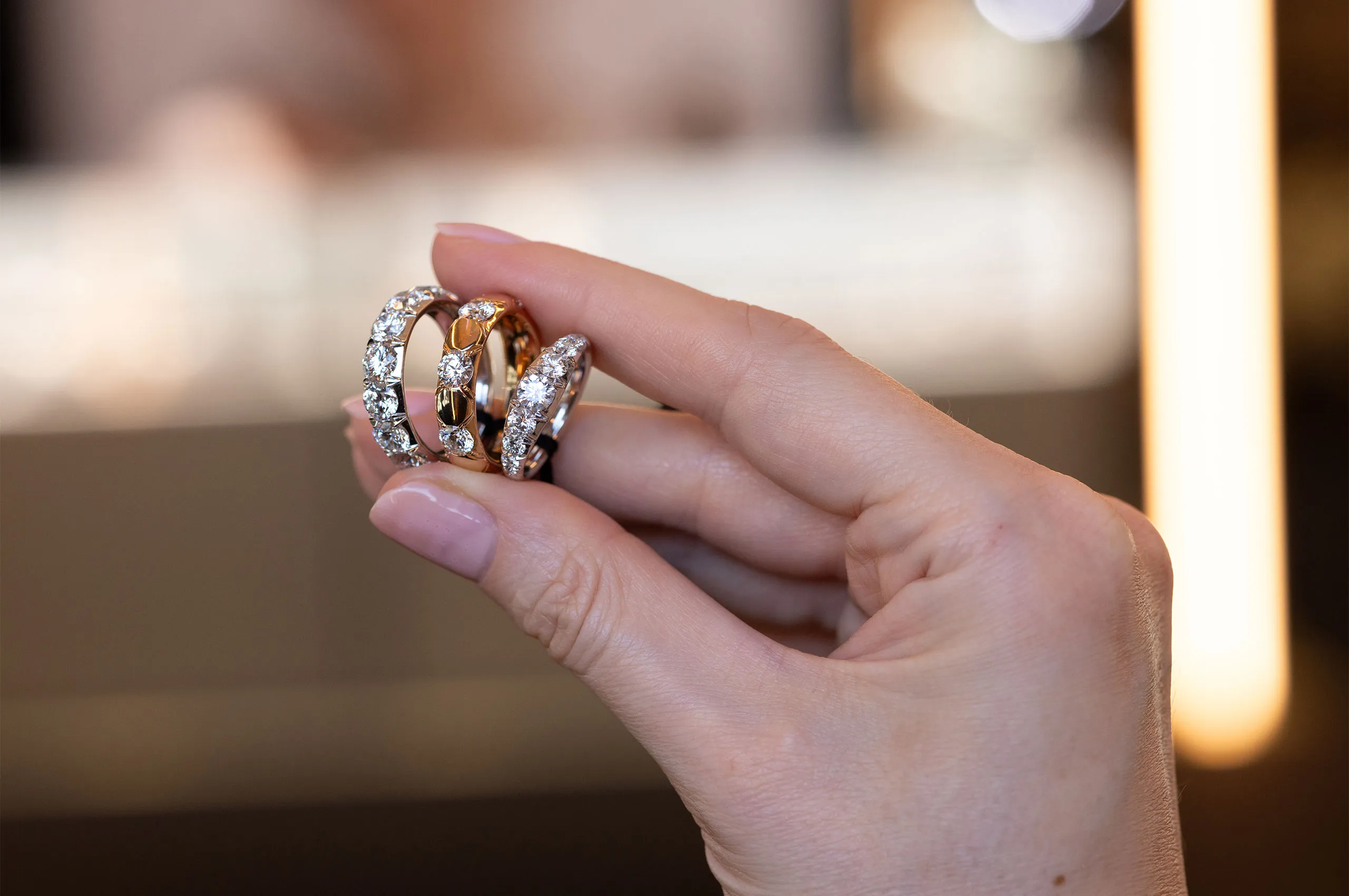 Giorgio Visconti diamond eternity rings in white and rose gold, part of the Antologie collection available from September 2026