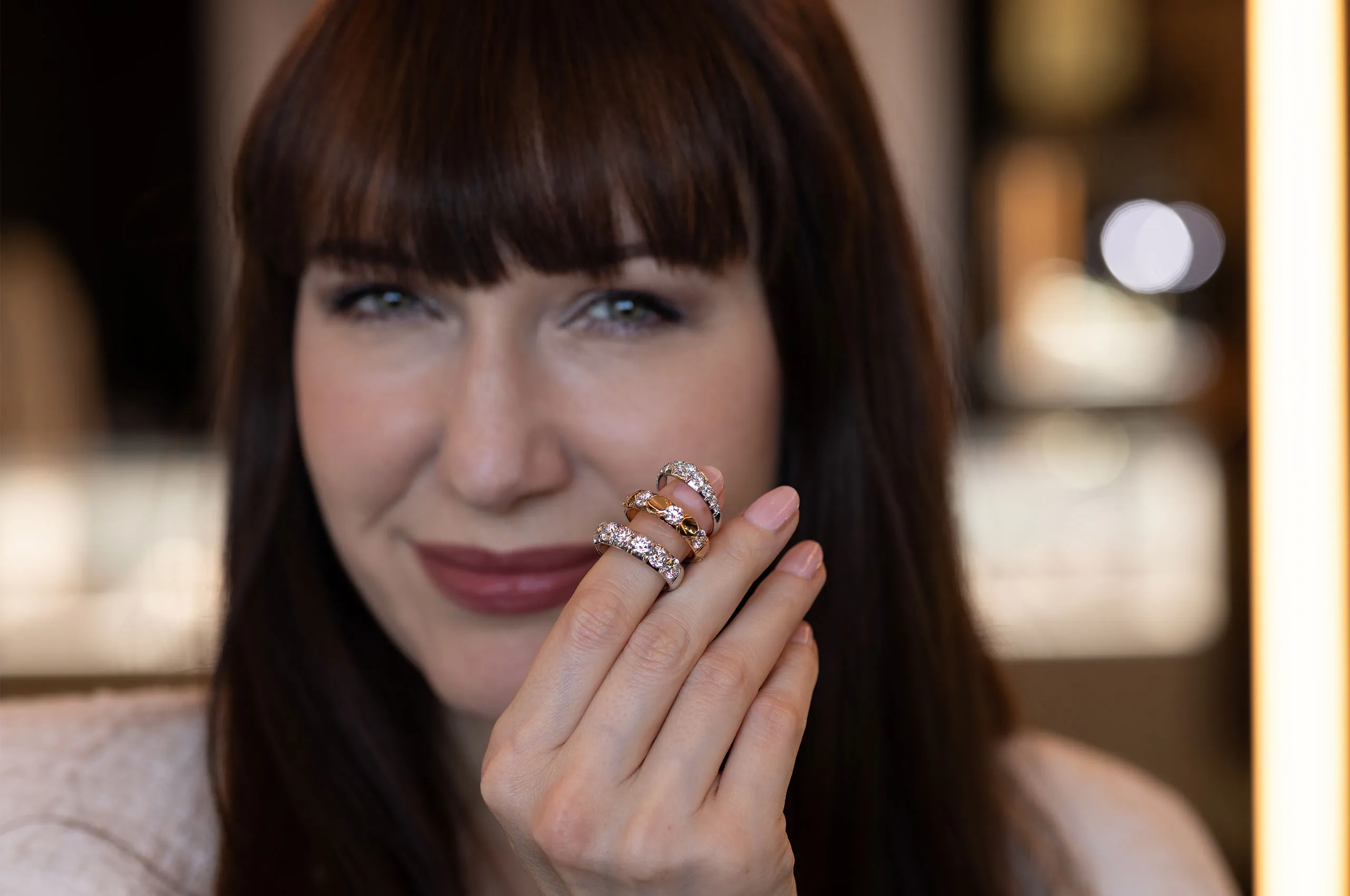 Katerina Perez showcases a selection of diamond eternity rings from the Giorgio Visconti Antologie collection, which will be available from September 2026