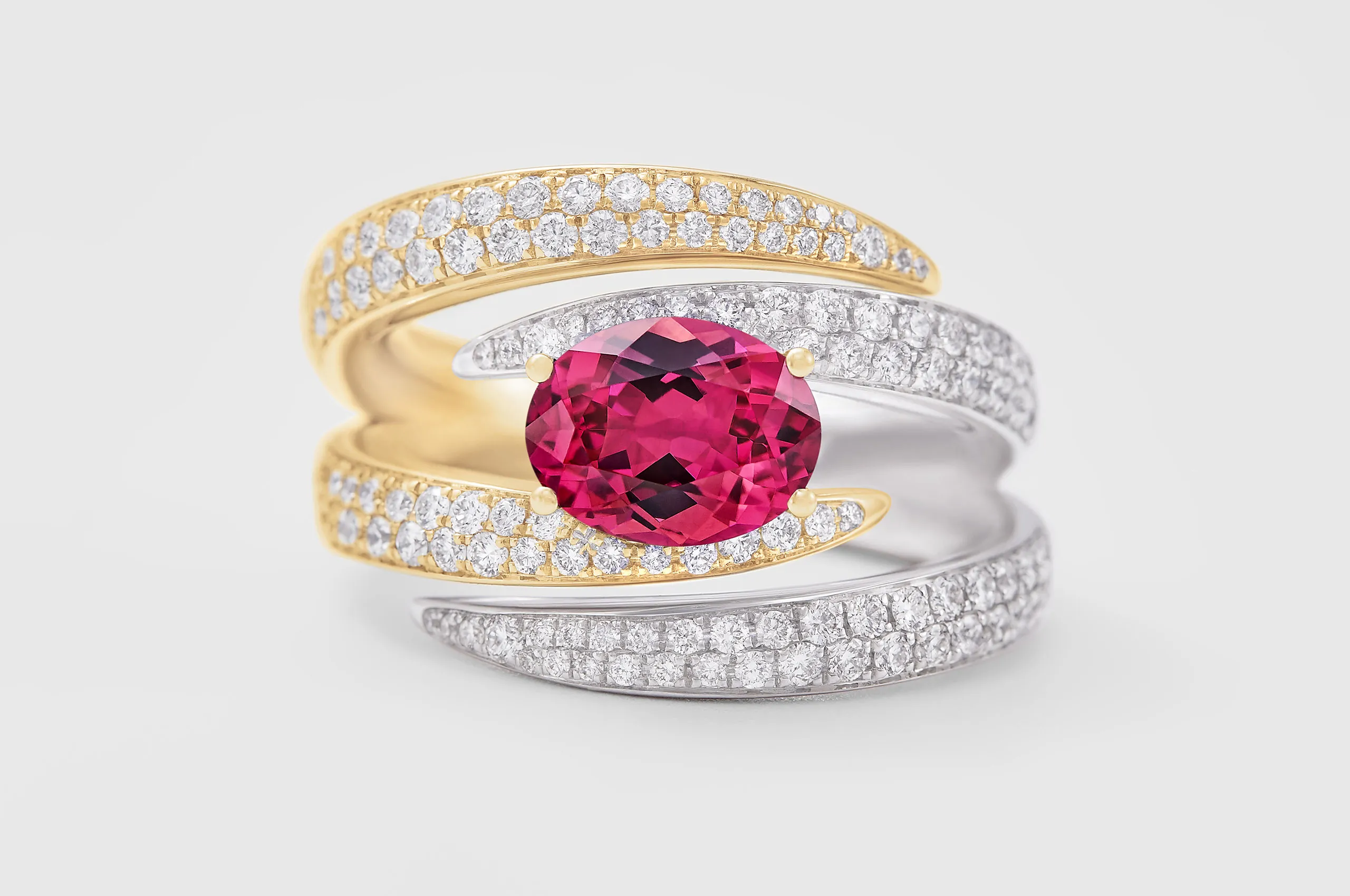 Giorgio Visconti multi-strings ring with pink tourmaline and diamonds in rose and white gold, part of the Like Me Chapter III collection