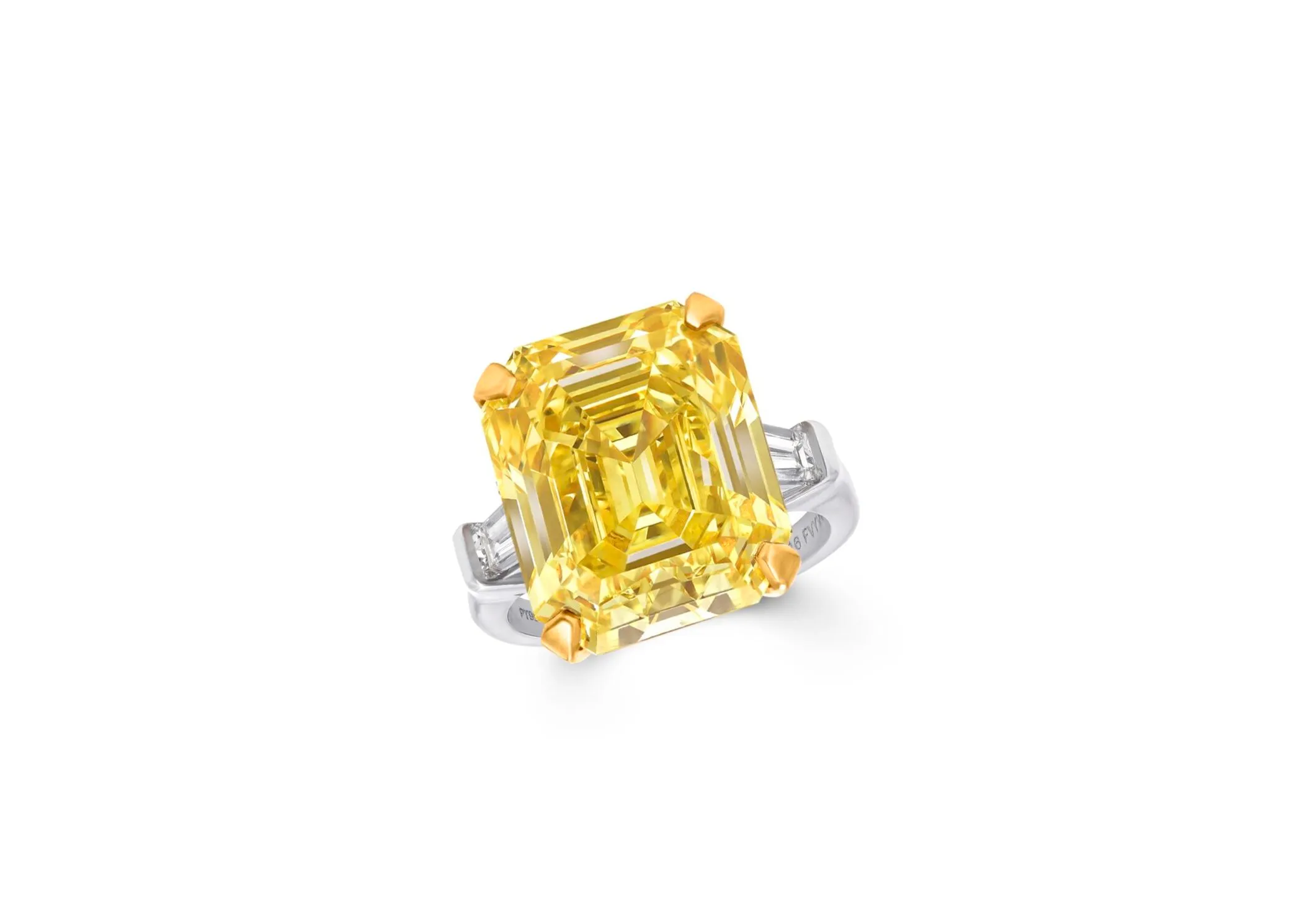<p>Angel&#8217;s jewels included this 27.02 carat fancy yellow emerald cut diamond Promise ring by Graff</p>
