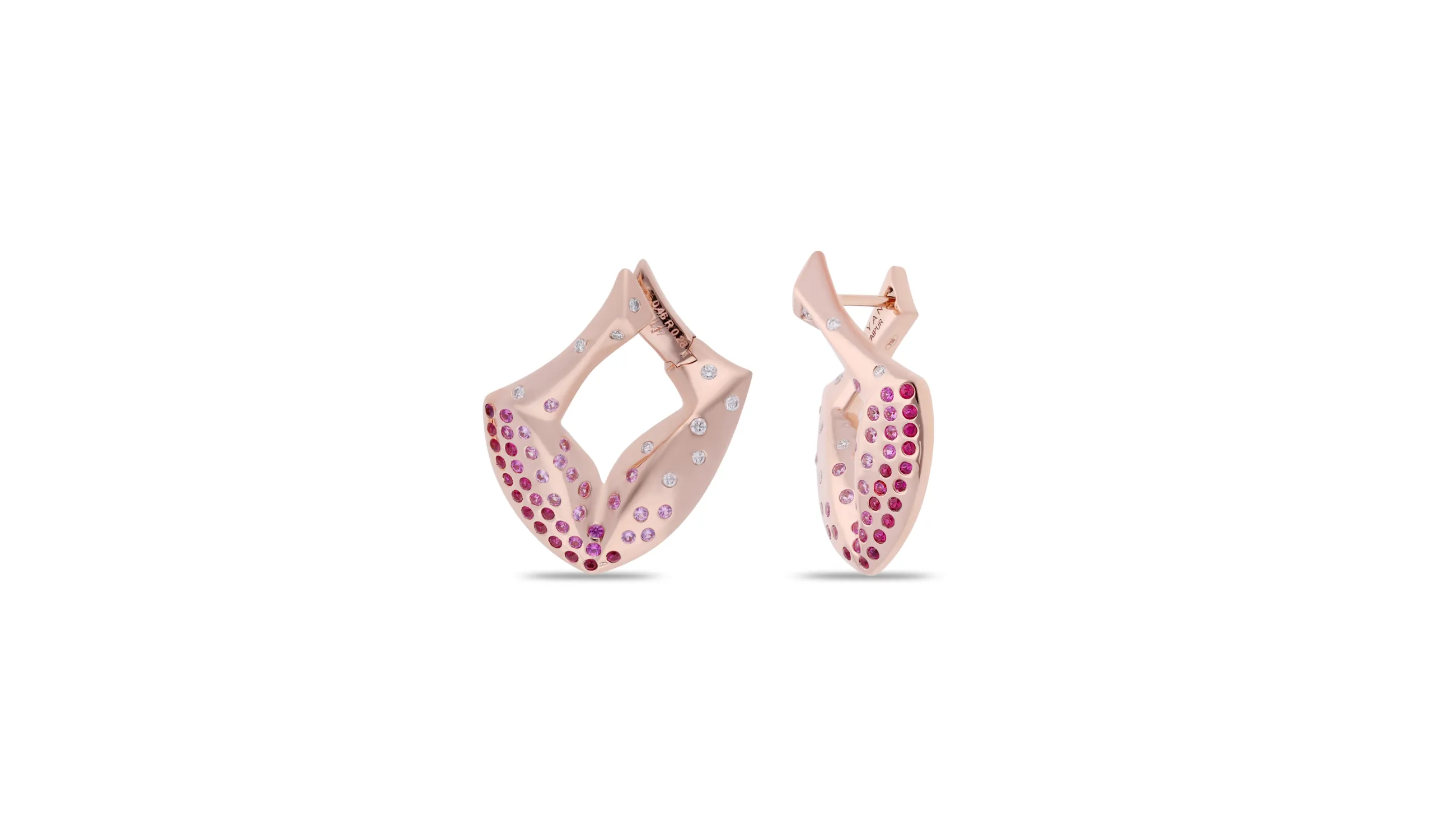 <p>Gyan Jaipur earrings from the Jaipur Arch collection with pink sapphires and diamonds in 18k rose gold</p>

