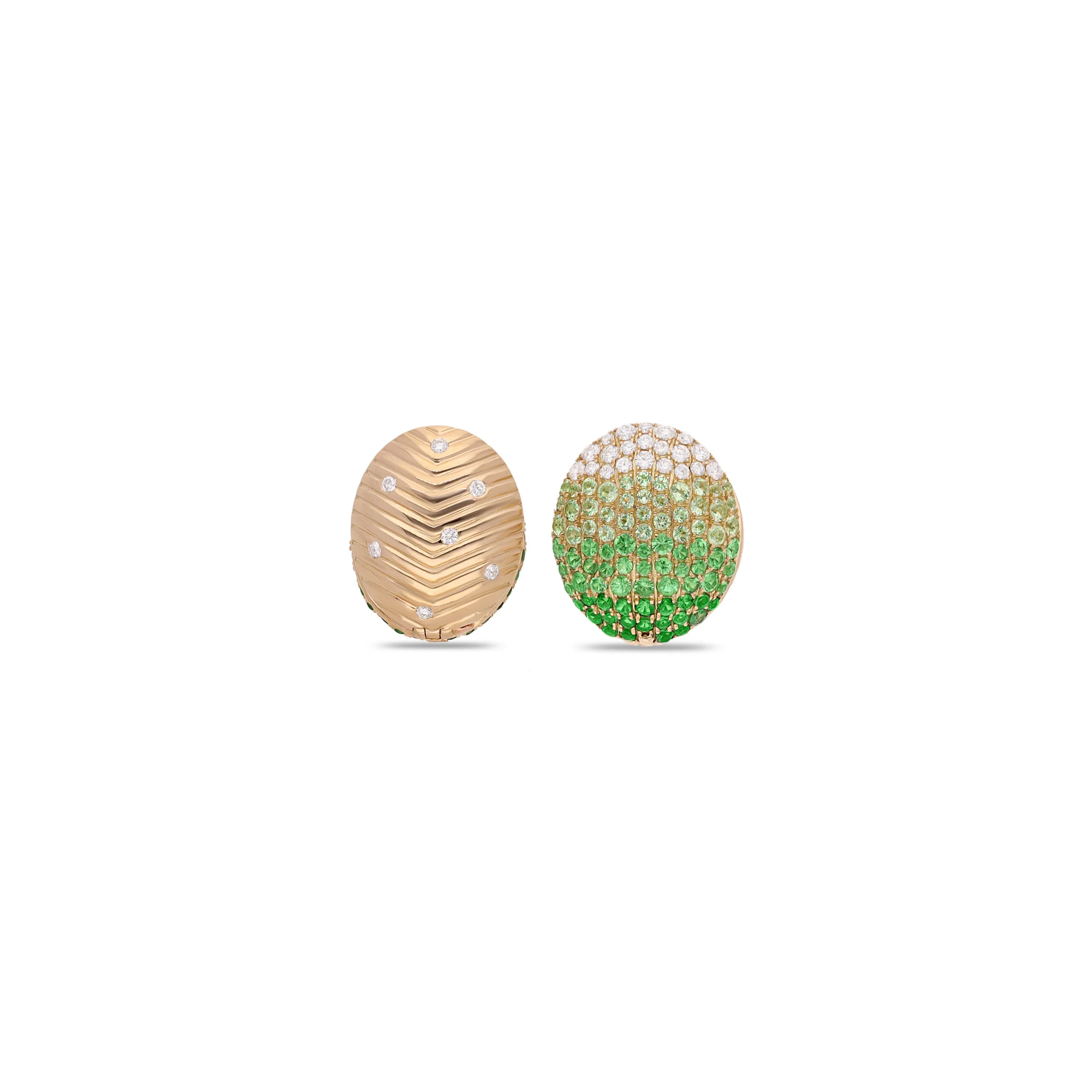 <p>Gyan Jaipur oval-shaped reversible earrings from the Yami collection with a gradient of green gemstones and diamonds in 18k yellow gold </p>
