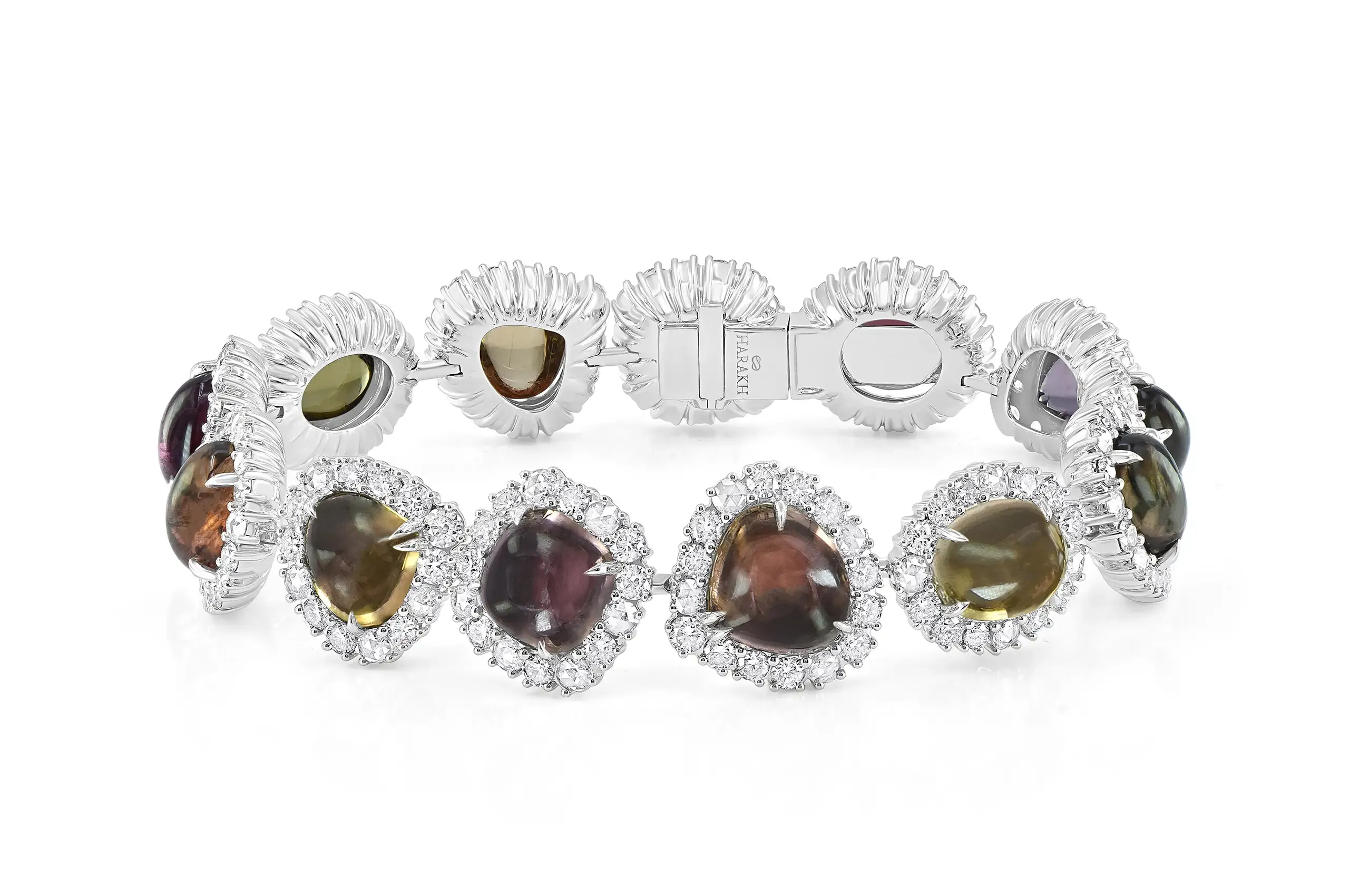 HARAKH bracelet with natural tourmaline cabochons and diamonds set in 18k white gold