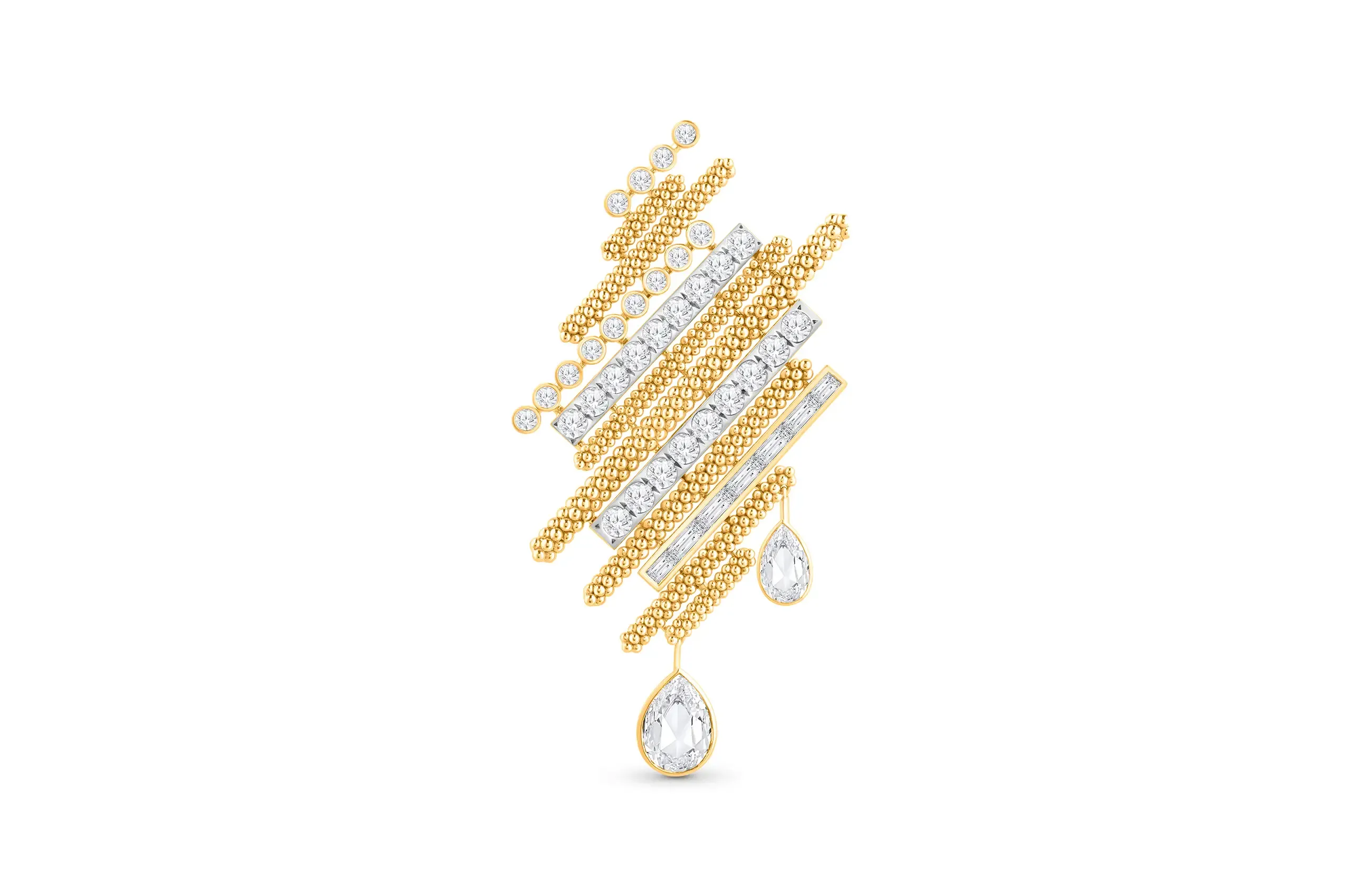 HARAKH brooch crafted with pear-shaped diamond drops and further diamonds in 18k yellow gold
