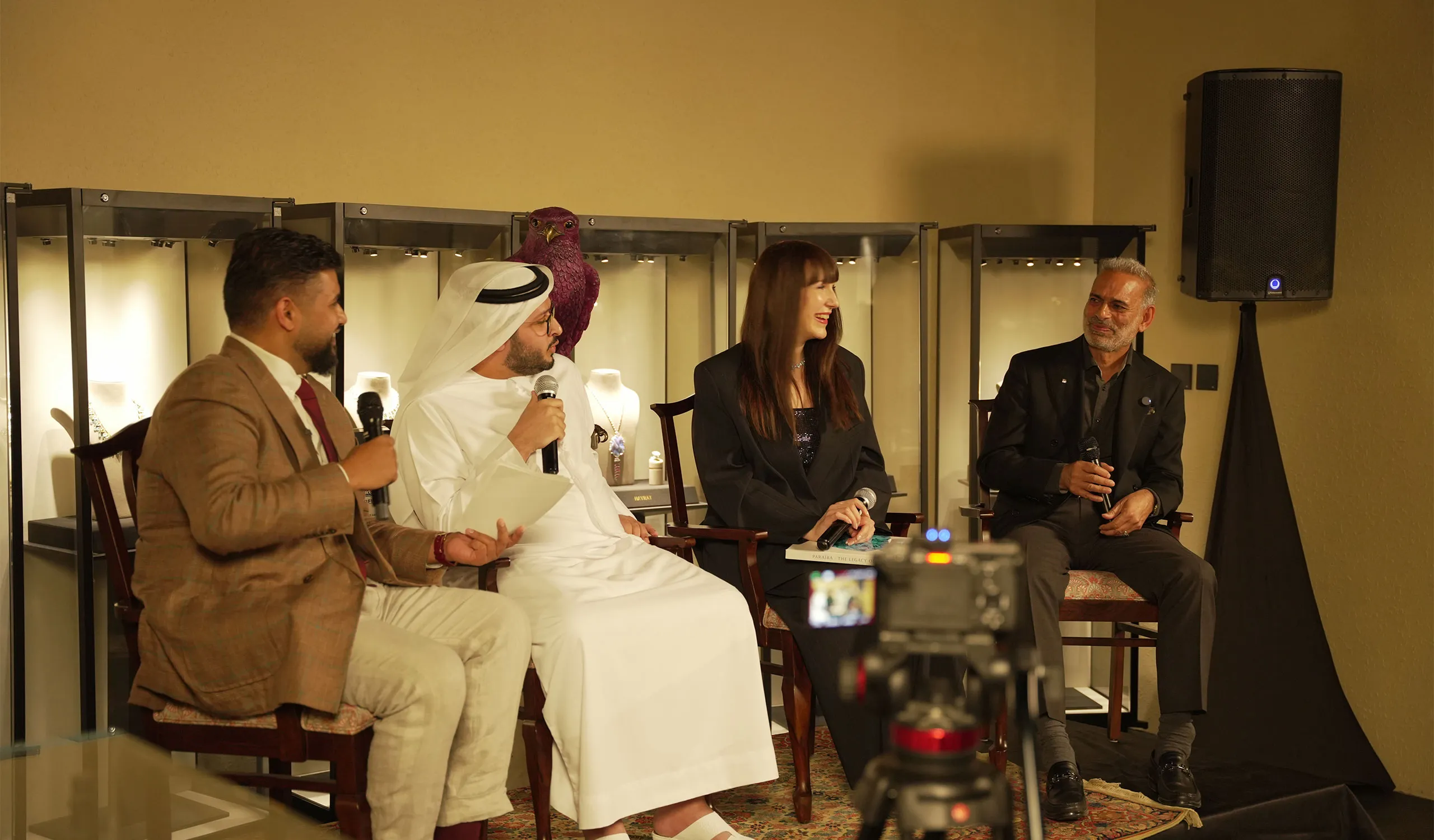 <p>The Coloured Wonder panel discussion was hosted by Krishna Raj, the expert behind Dubai’s leading global jewellery podcast, The Jewellery Pod, alongside jewellery consultant and personal shopper, Saeed Obaid, and Hayrat Fine Gems co-founder Zaheer Ansari</p>
