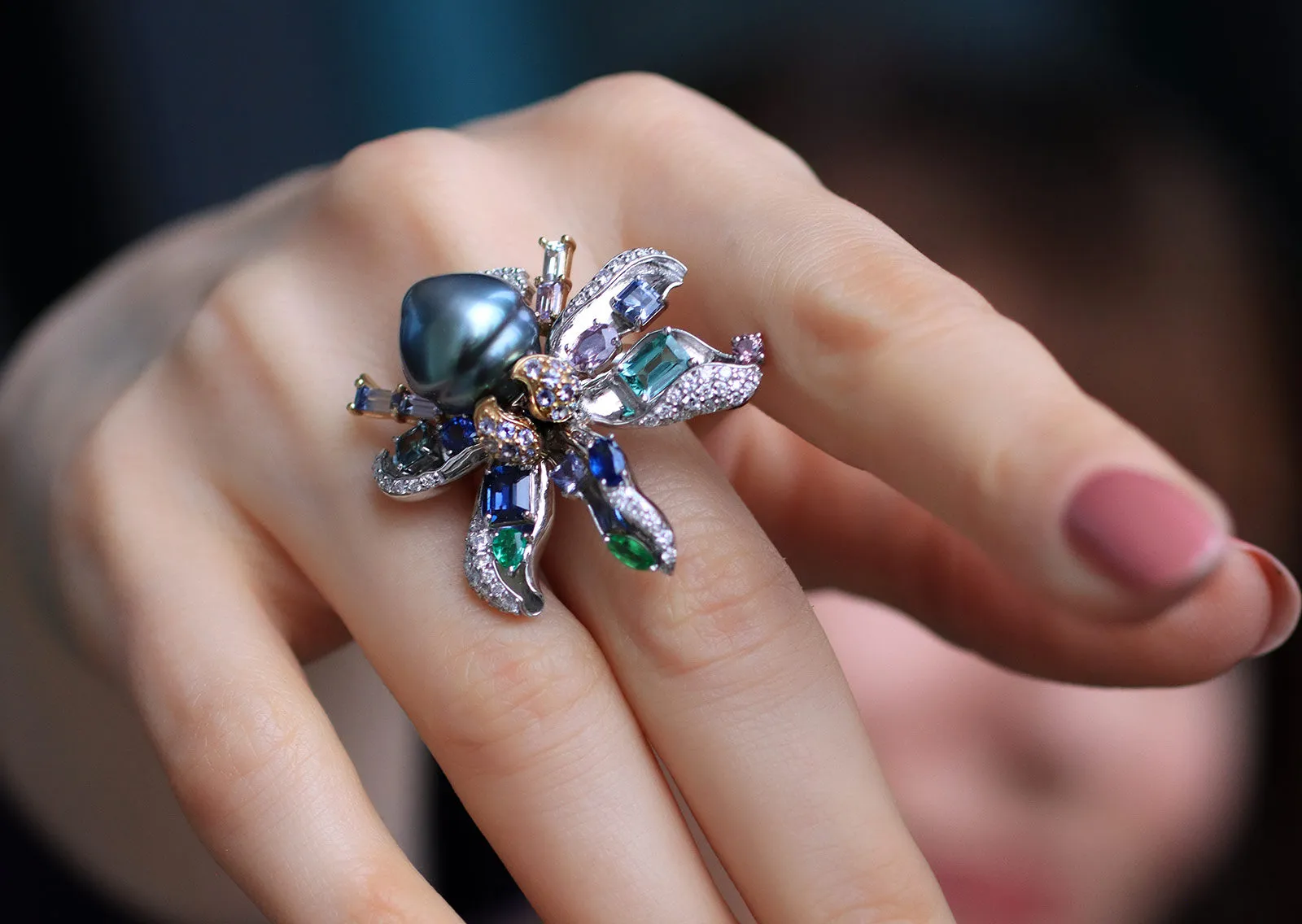 <p>Mariyeh Ghelichkhani Aqua ring from The Orchid collection with a Tahitian pearl, tourmalines, emeralds, sapphires, tanzanites and diamonds, set in 18k white gold </p>
