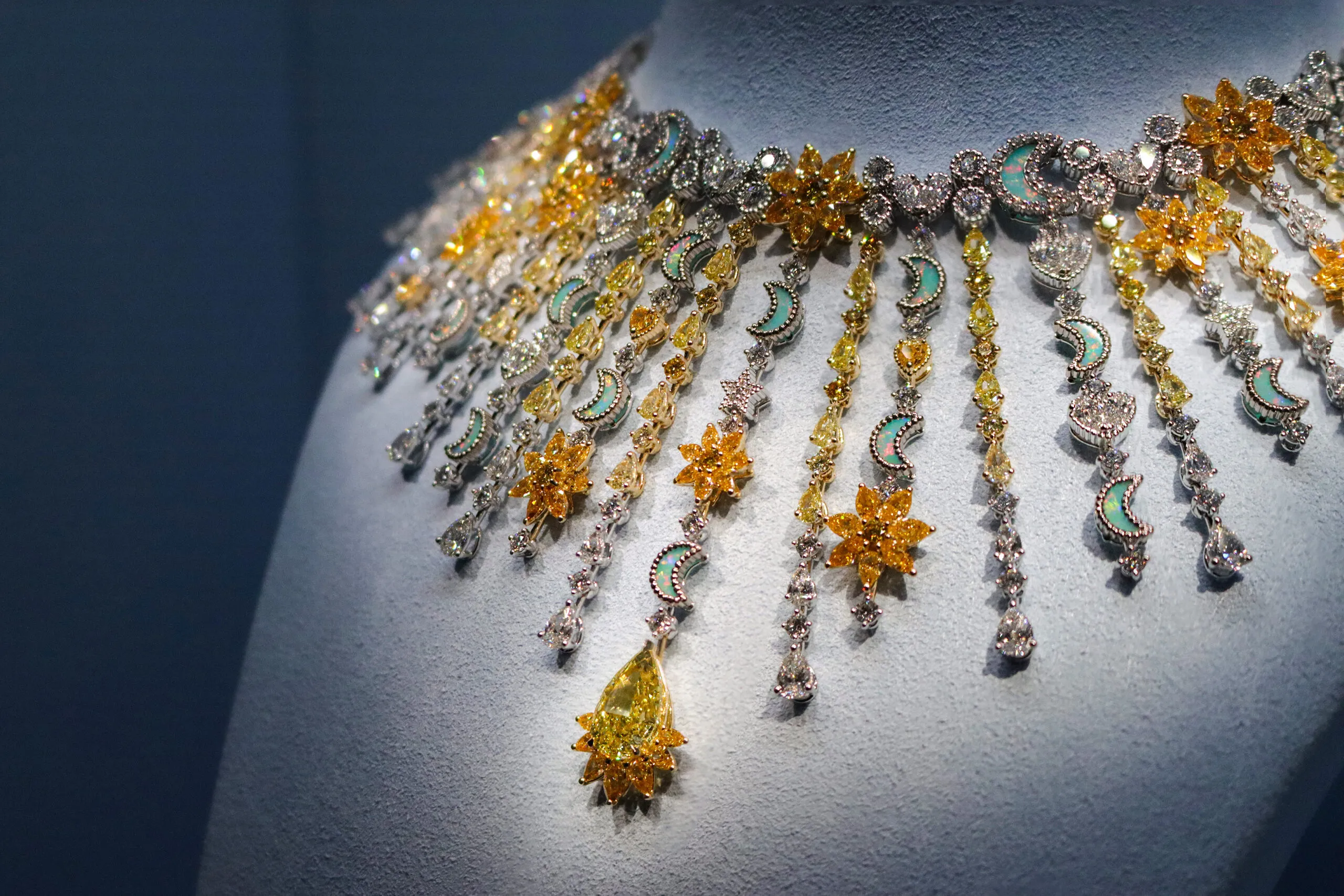 <p>A closer look at the details of the Dior Joaillerie Soleil Céleste necklace from the Belle Dior High Jewellery collection, which required more than 2,300 hours of craftsmanship</p>
