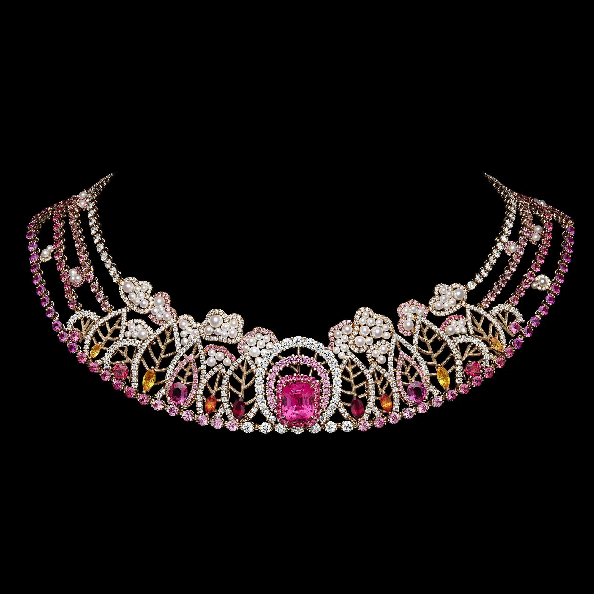 <p>A necklace with a large ruby, diamonds, micro-pearls and multi-coloured gemstones from the Dior Milly Dentelle High Jewellery collection</p>