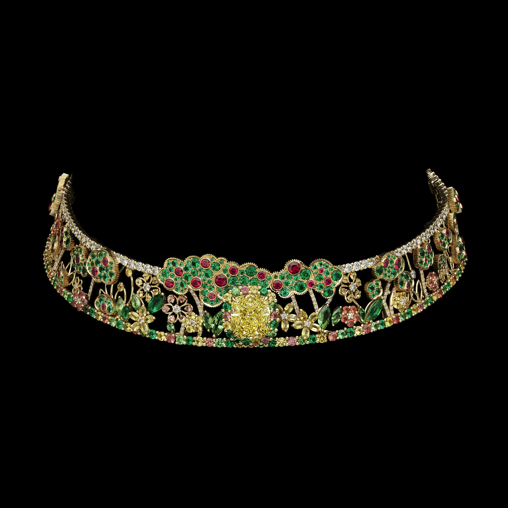 <p>A choker necklace with a garden scene, set with a cushion-shaped yellow diamond, ruby-set fruit trees, marquise-shaped yellow sapphires, pink sapphires and tsavorites in yellow gold, from the Dior Milly Dentelle High Jewellery collection </p>