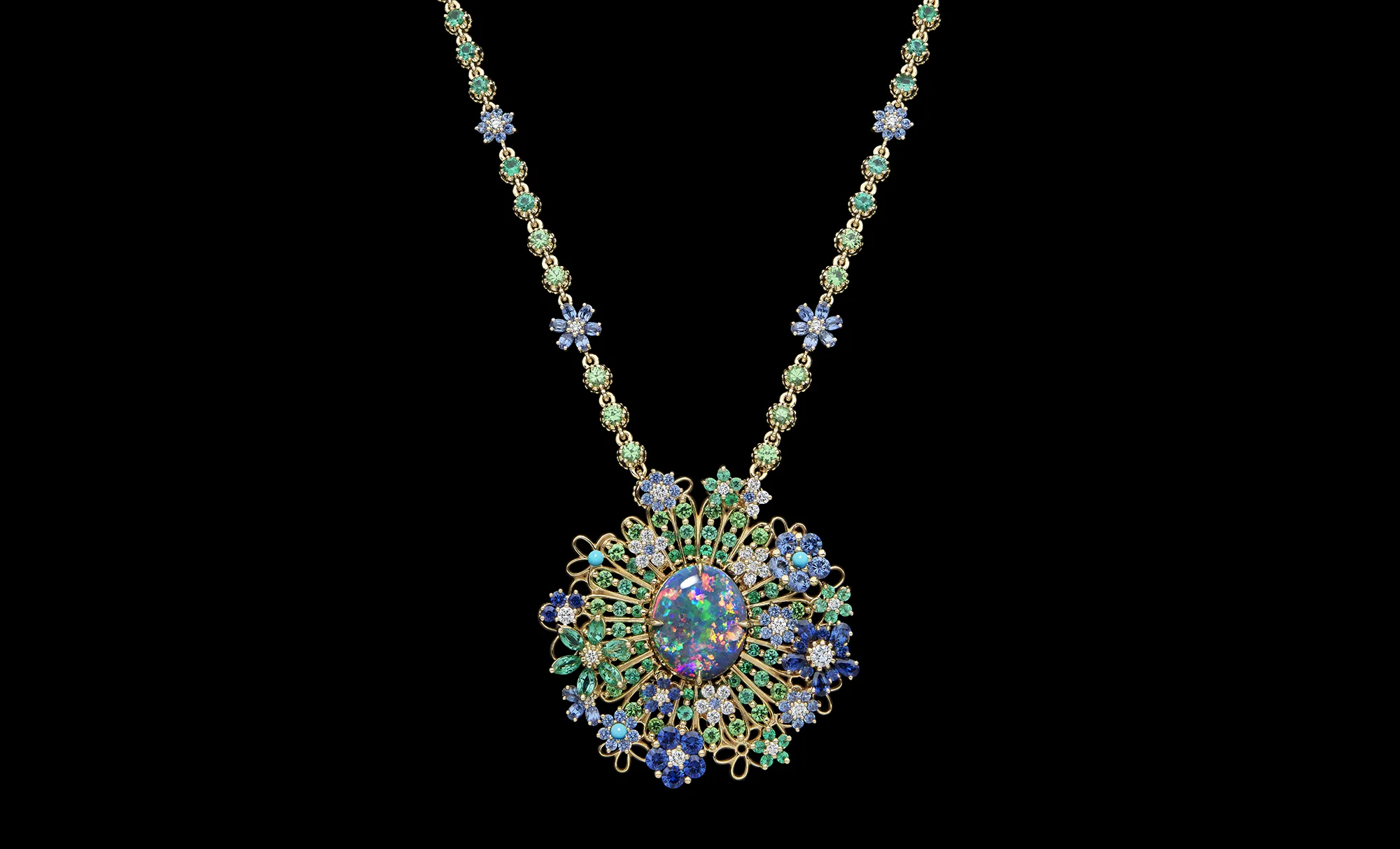 <p>A long pendant necklace set with an oval-shaped black opal, multi-coloured gemstones and diamonds from the Dior Milly Dentelle High Jewellery collection </p>
