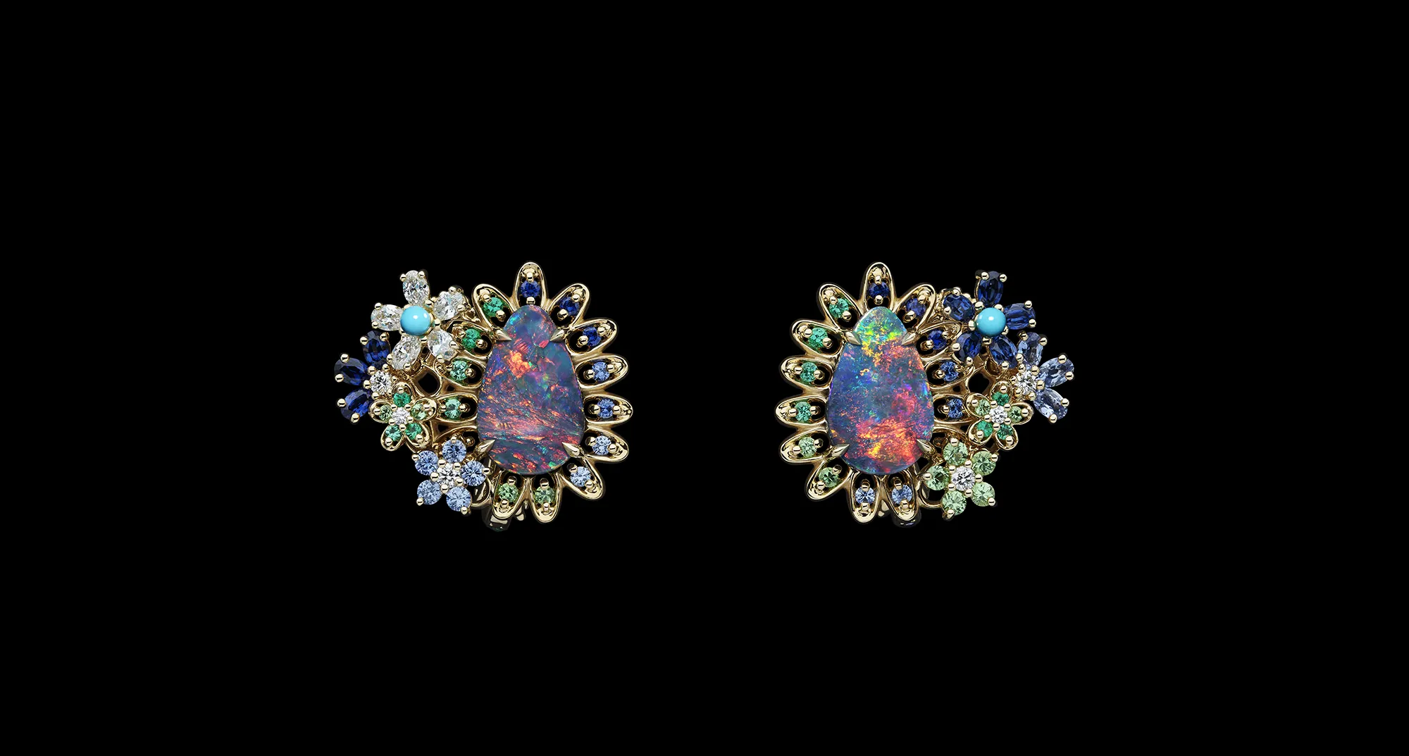 <p>Earrings with black opals, turquoise, diamonds and multi-coloured gemstones from the Dior Milly Dentelle High Jewellery collection</p>