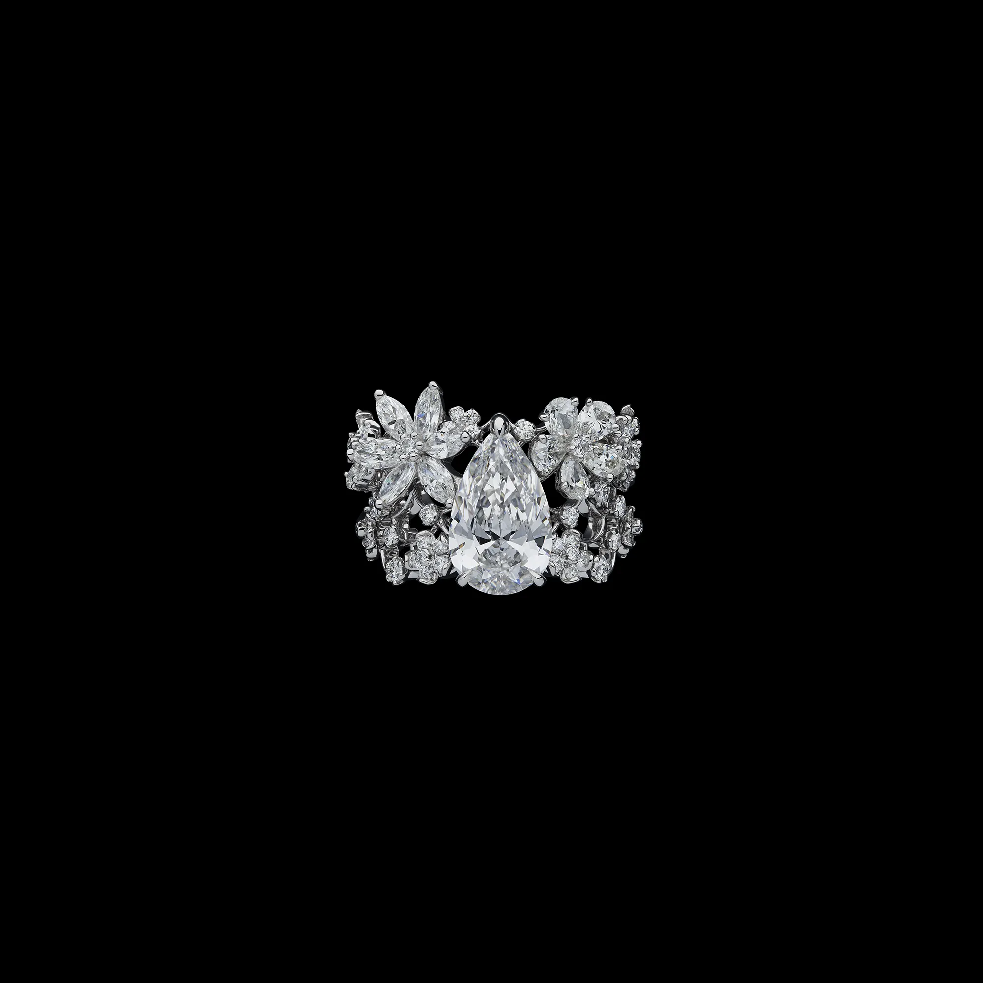 <p>A floral inspired ring with a large pear-shaped diamond and further fancy-cut diamonds from the Dior Milly Dentelle High Jewellery collection</p>
