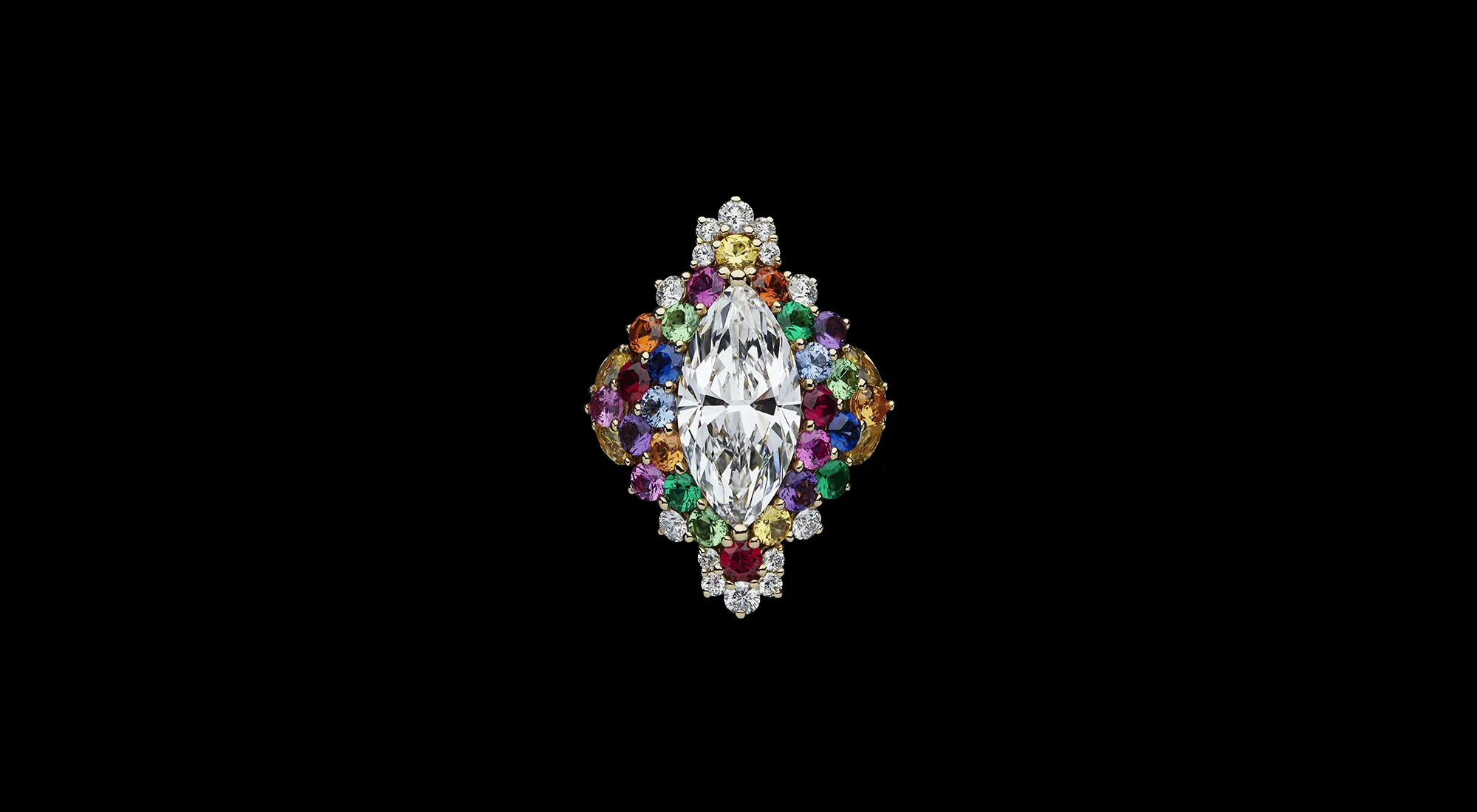 <p>A statement ring from the Dior Milly Dentelle High Jewellery collection with a large marquise-shaped diamond surrounded by multi-coloured gemstones and further diamonds </p>