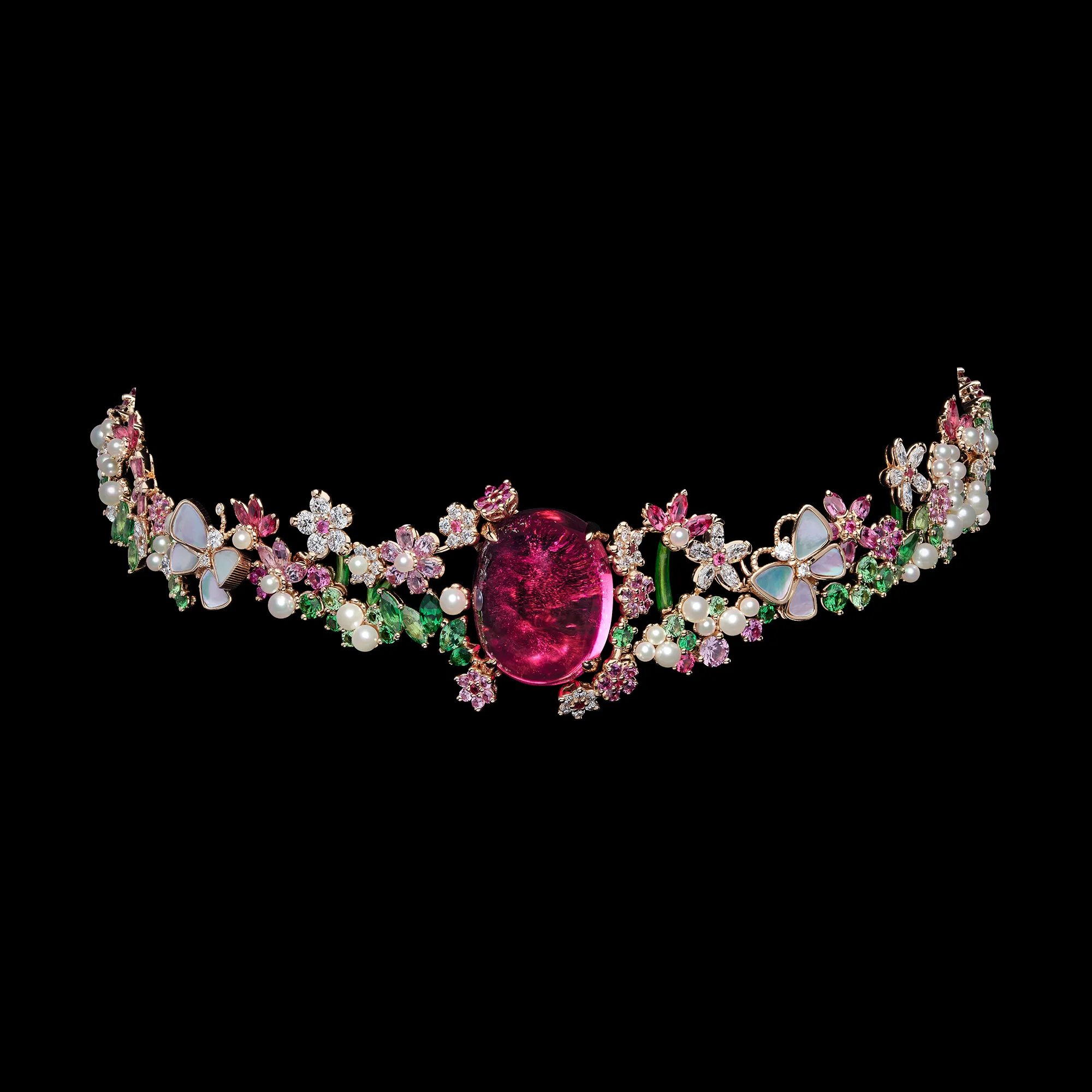 <p>A choker necklace from the Dior Milly Dentelle High Jewellery collection with a large ruby cabochon, mother of pearl butterflies, pearls, marquise-shaped coloured stones and fancy-cut diamonds </p>