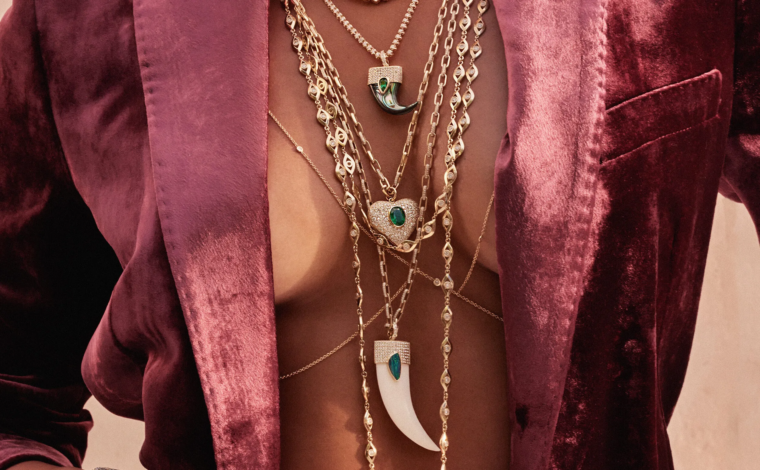 <p>For Jacquie Aiche, a shared tone allows contrasting stones to be layered without visual imbalance</p>
