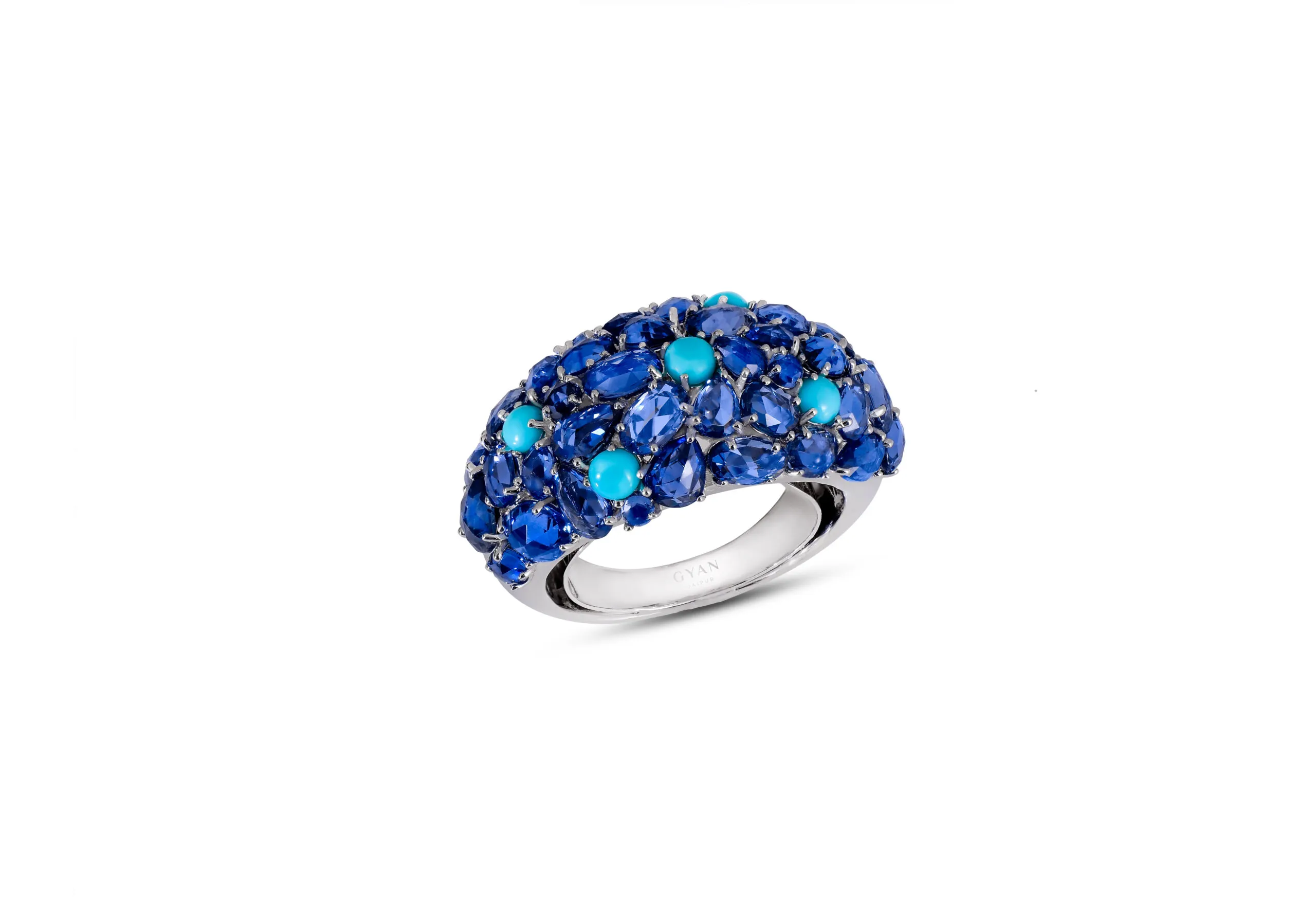 <p>Gyan Jaipur ring from the Jaipur collection with mixed-cut blue sapphires and cabochon-cut turquoises in 18k white gold</p>
