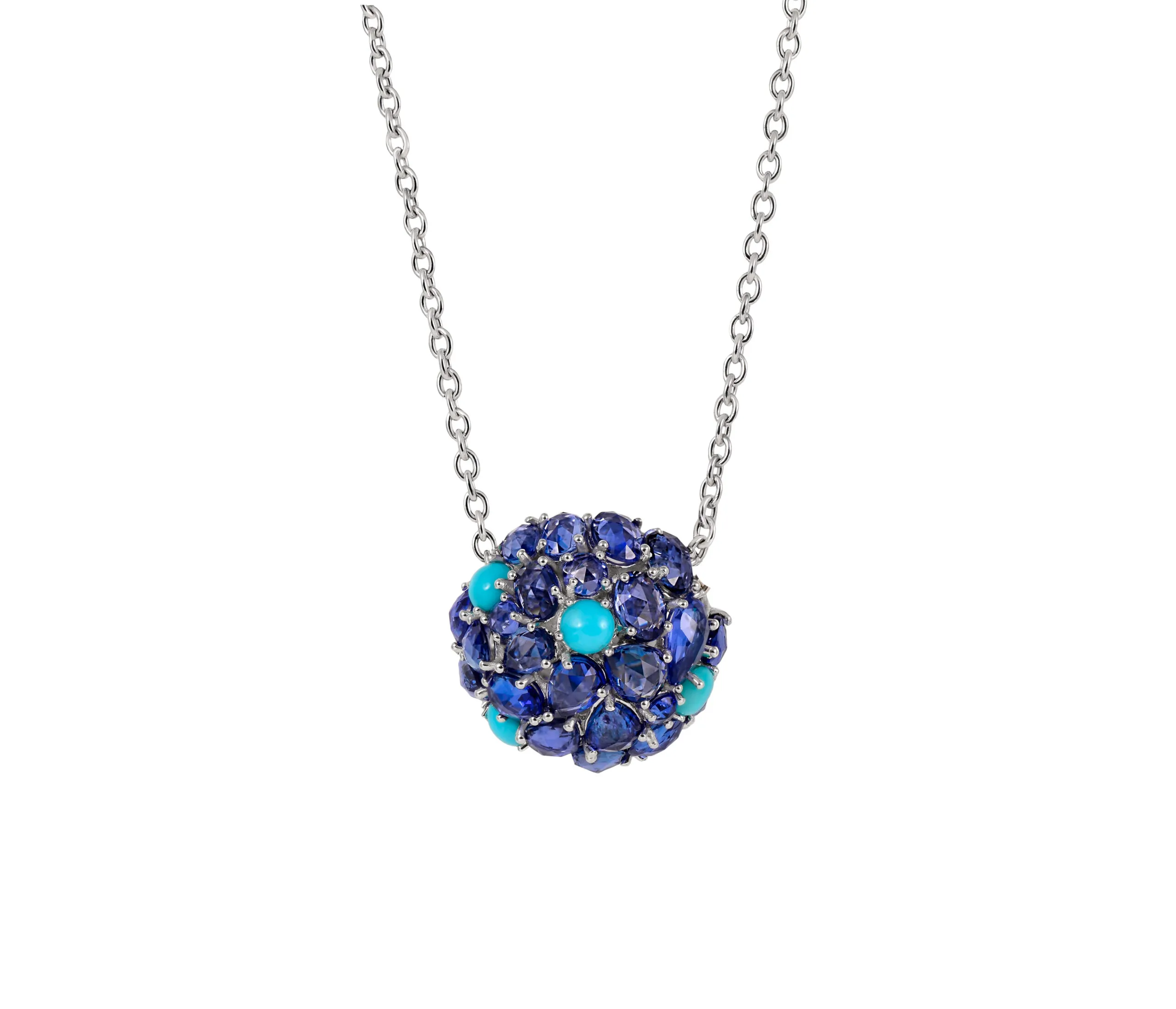 <p>Gyan Jaipur pendant from the Jaipur collection with blue sapphires and turquoise cabochons in 18k white gold</p>
