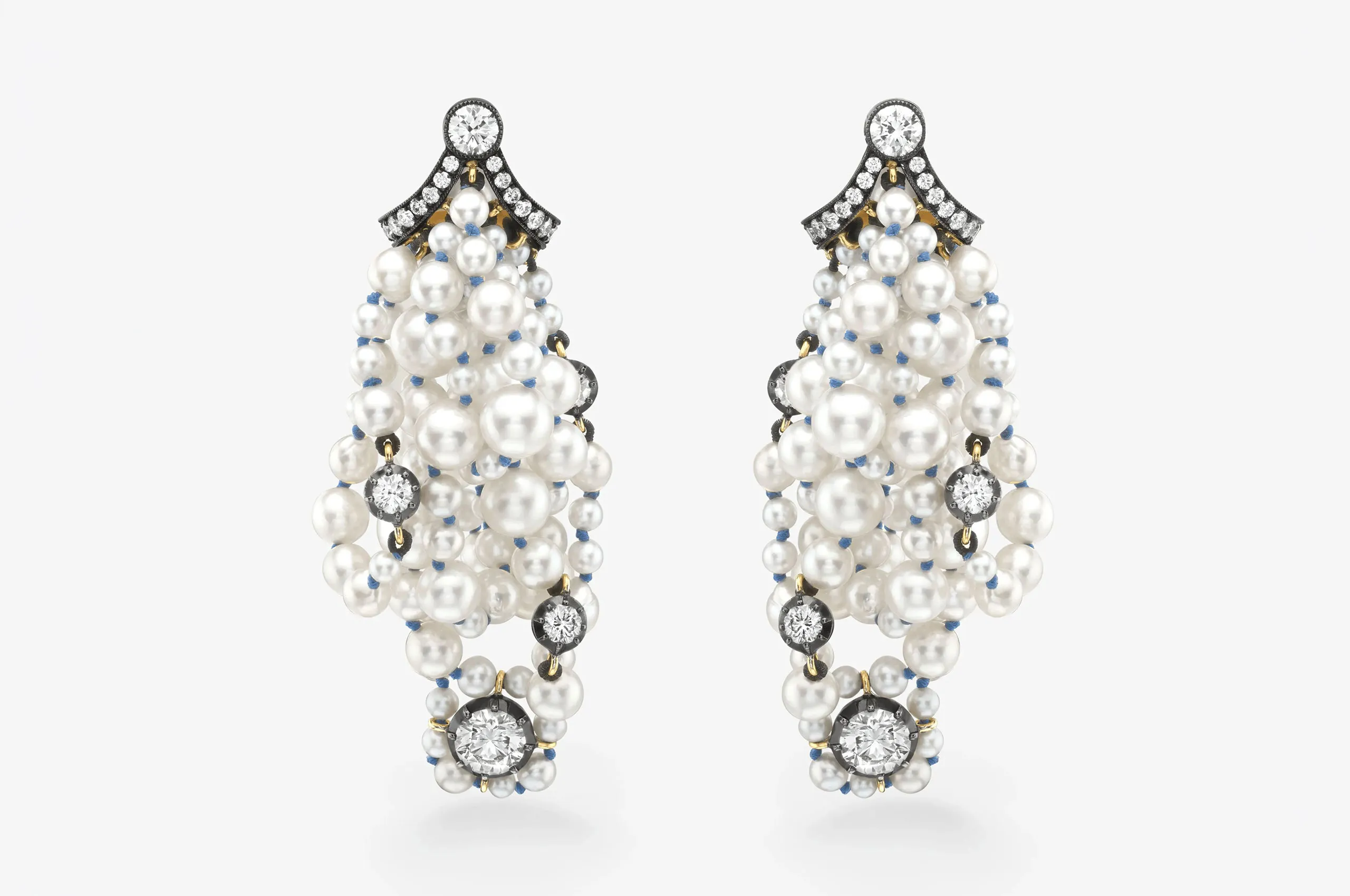 Diamond & Pearl Bunched Bow Earrings.