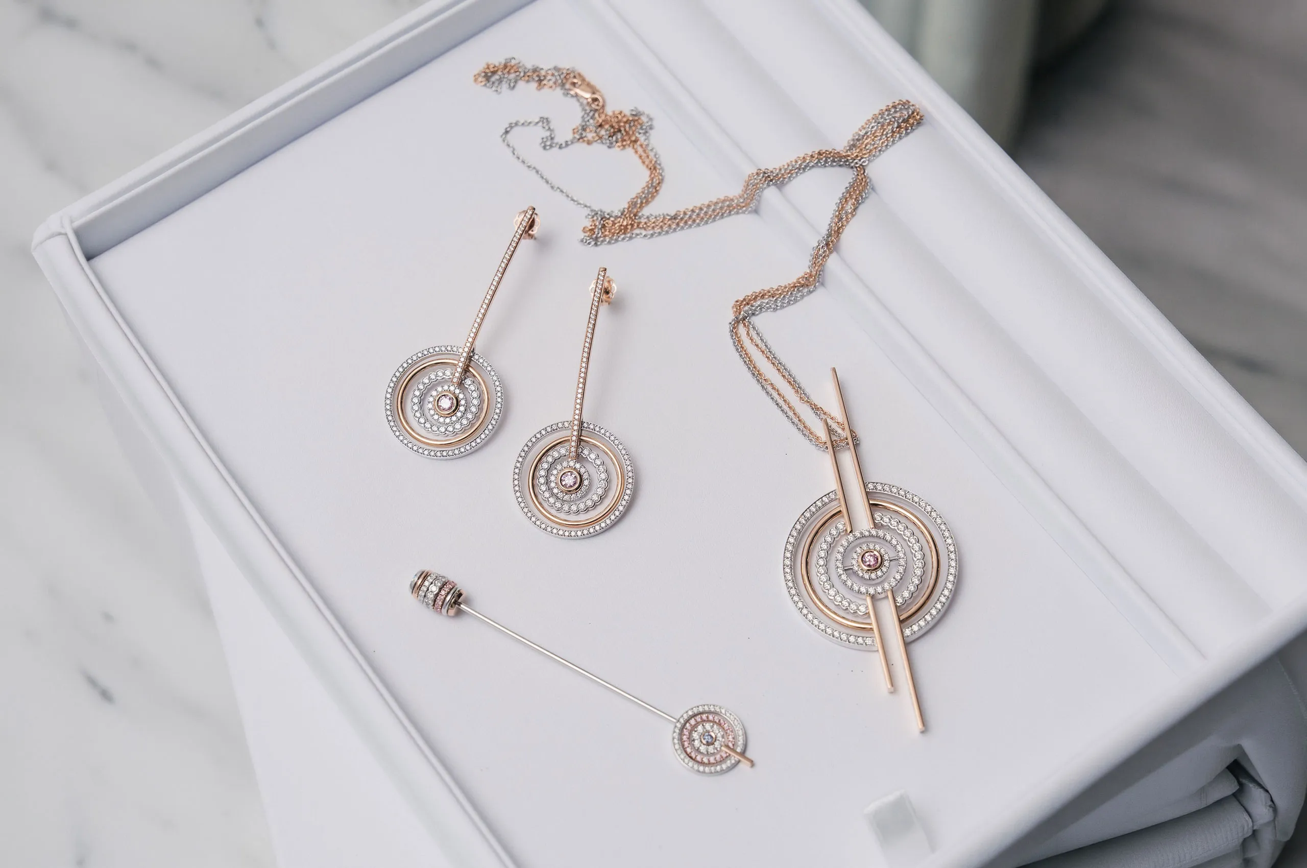 Akhet by Jodi Penfold of Jewels of the Kimberley, an interchangeable jewellery suite in 18ct pink and white gold