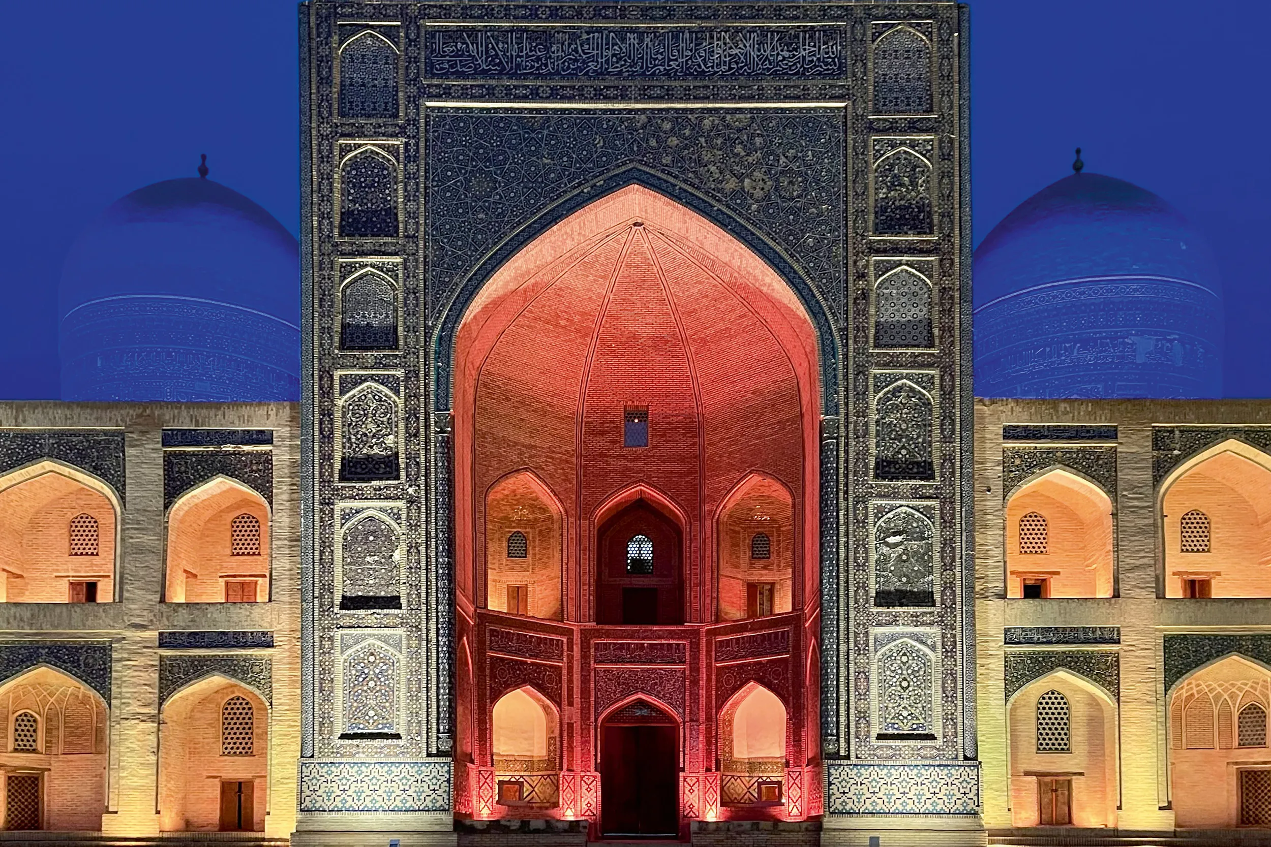 <p>The façade of Mir-i Arab Madrasa in Bukhara, Uzbekistan, at night. Silvia&#8217;s Silk Road Collection was inspired by her month-long trek across the country</p>
