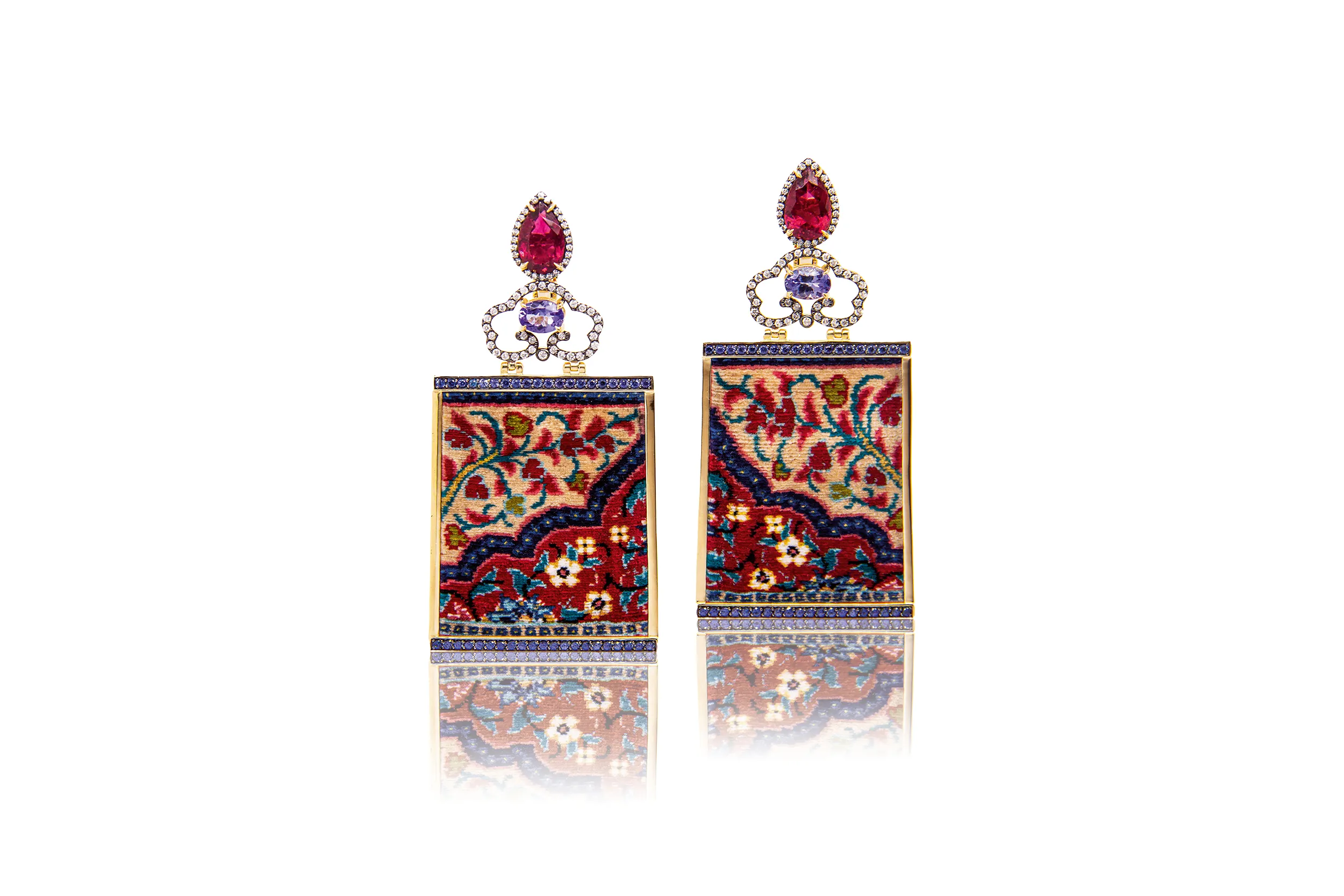 <p>Silk tapestry earrings set in yellow gold with tanzanites, pink tourmalines and diamonds, from the Silk Road Collection</p>
