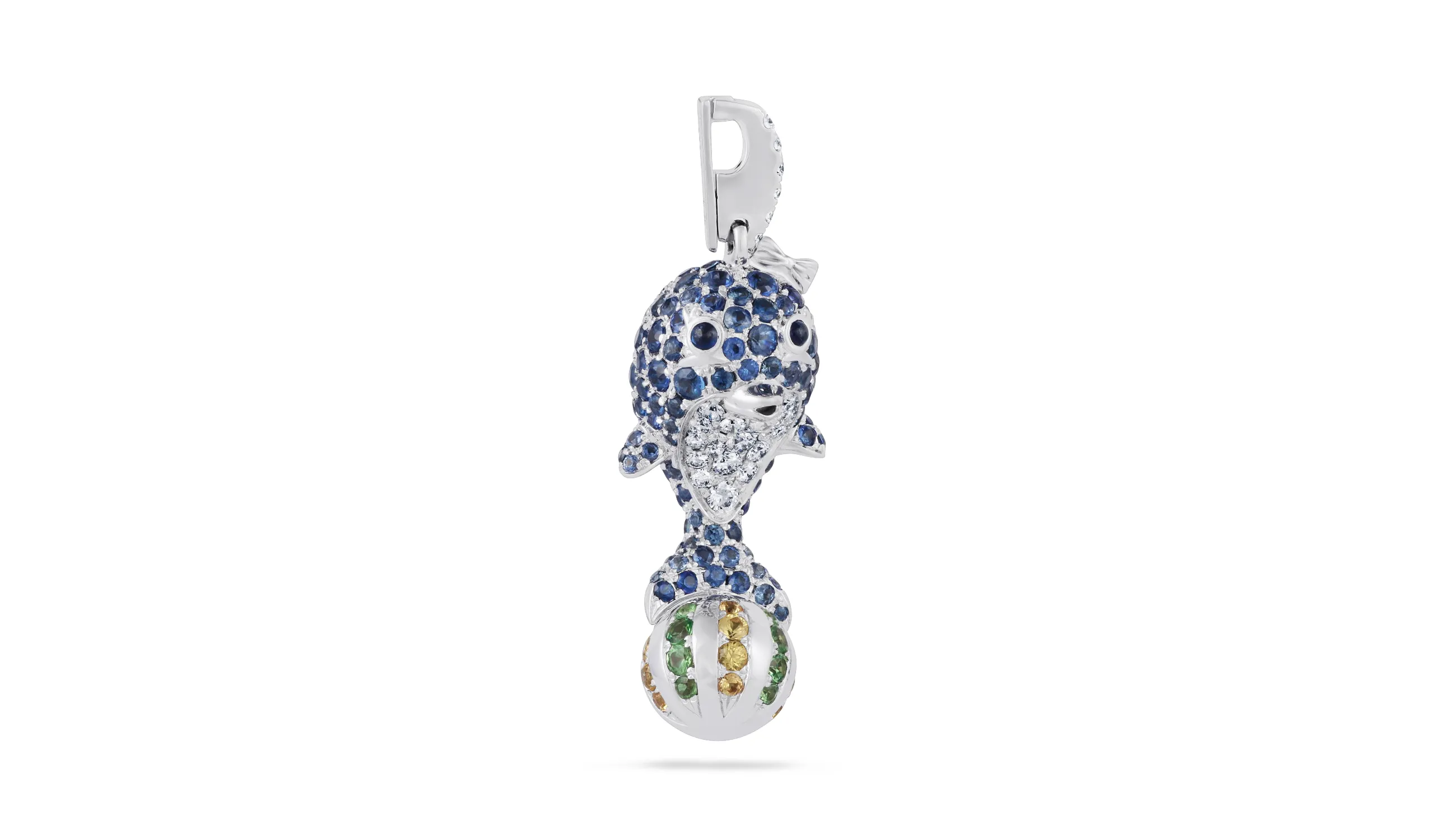 <p>Karina Choudhrie Big Splash Circus Dolphin character pendant with multi-coloured sapphires and diamonds </p>