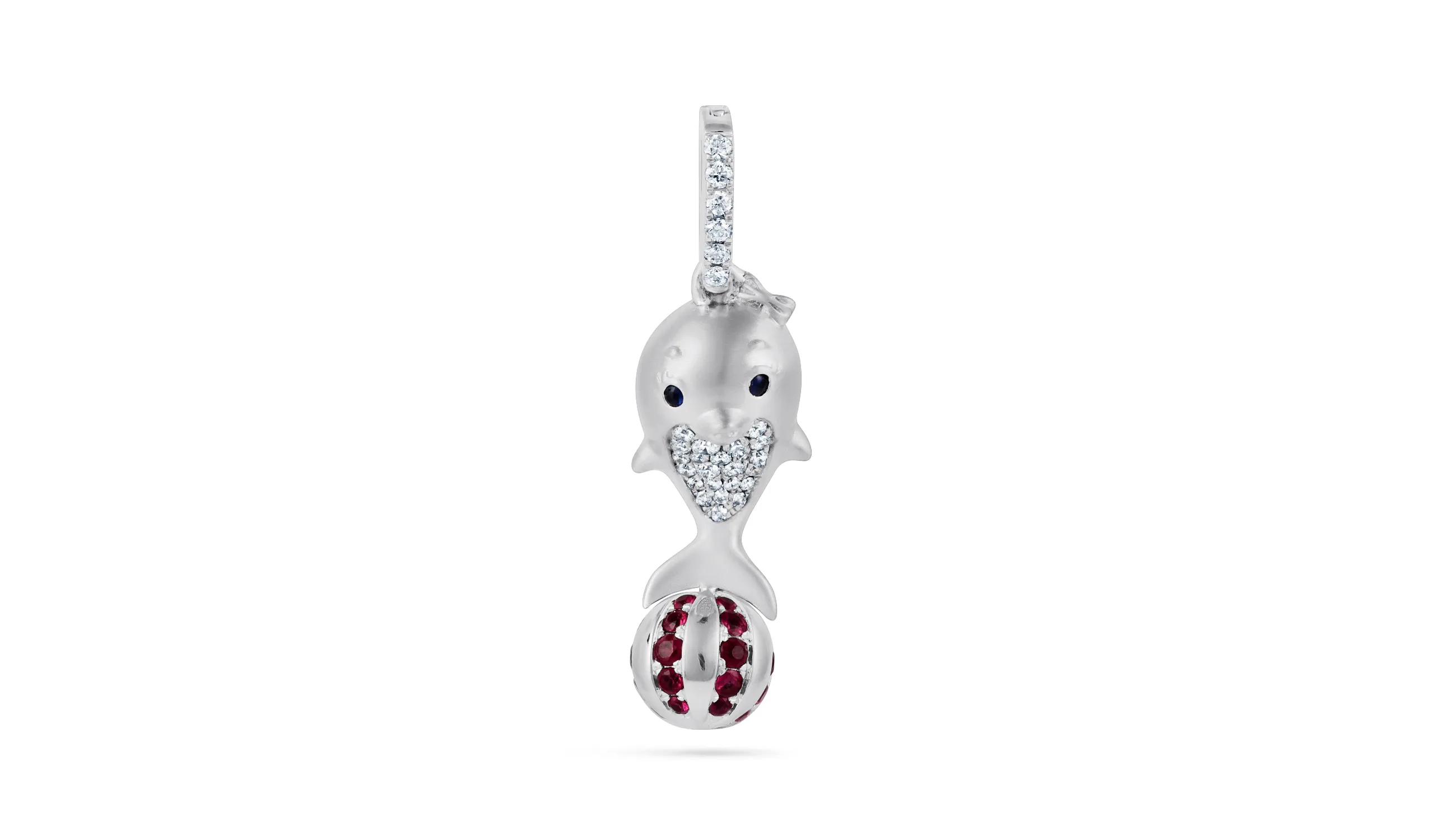 <p>Karina Choudhrie Big Splash Circus Dolphin sculptural pendant with diamonds and rubies in 18k white gold </p>