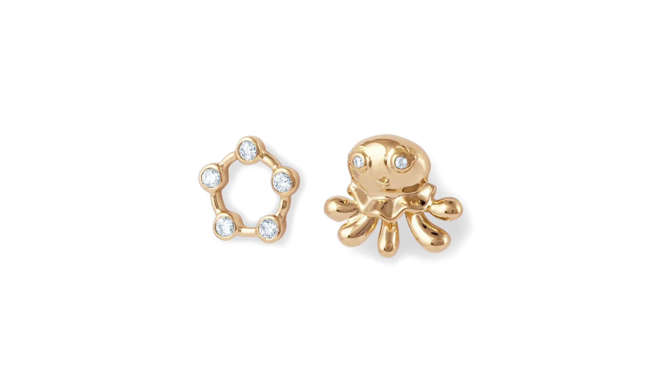 <p>Karina Choudhrie Big Splash Circus asymetric Jellfish stud earrings with diamonds in yellow gold </p>