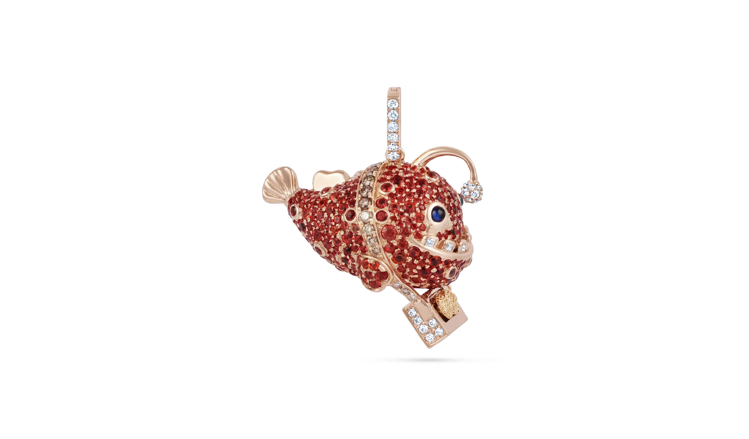 <p>Karina Choudhrie Big Splash Circus Lantern Fish character pendant in full pavé, including diamonds and coloured gemstones in 18k gold </p>