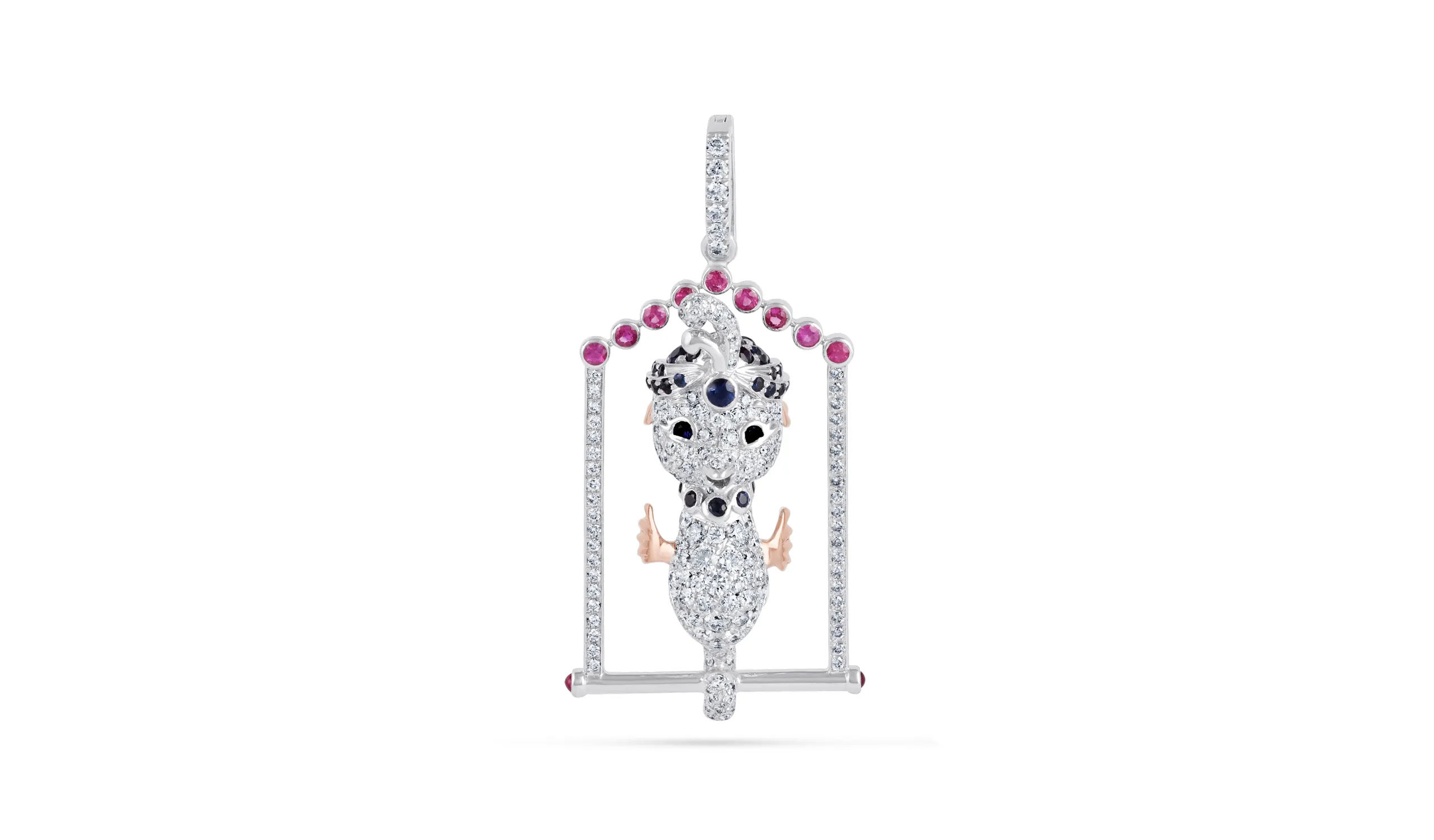 <p>Karina Choudhrie Big Splash Circus Seahorse character pendant in full pavé, including diamonds, sapphires and rubies in two-tone gold </p>